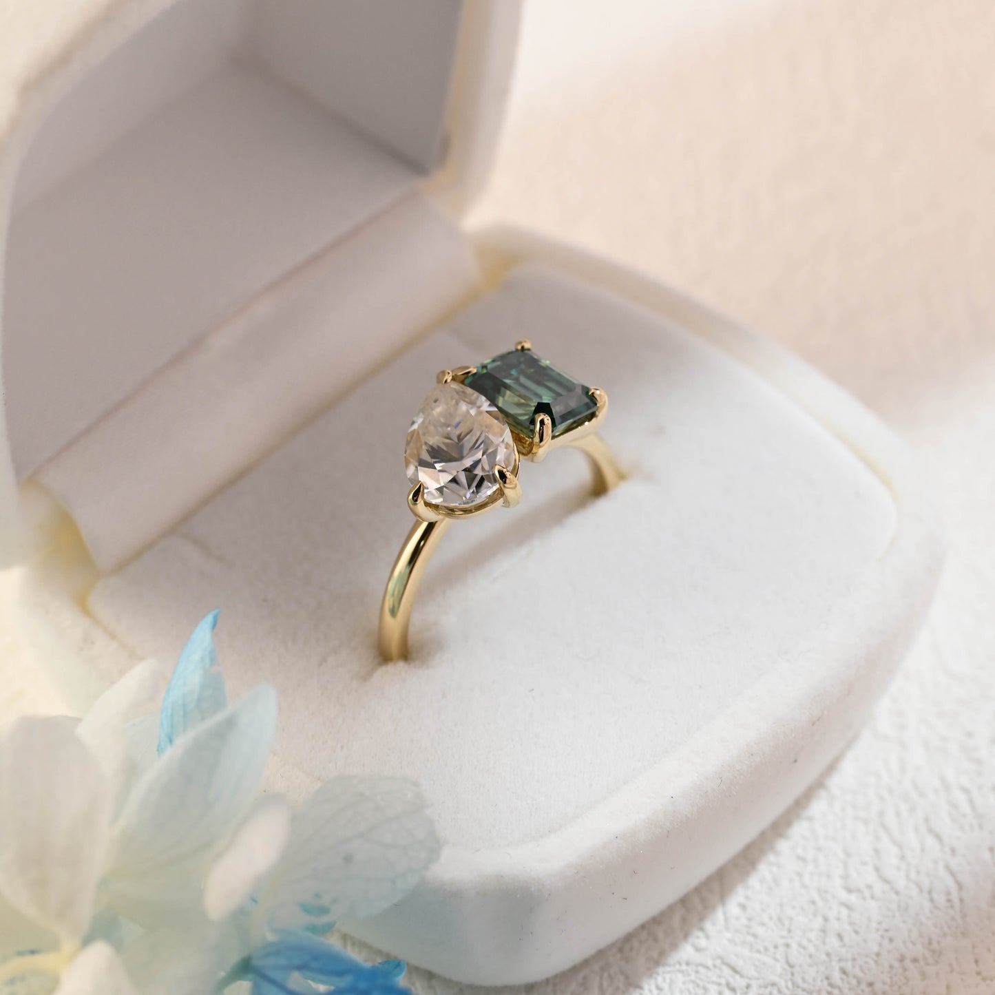 CausYou toi et moi engagement ring Solid Gold Toi Et Moi Ring, Green Emerald Cut Moissanite & Pear Cut Moissanite Engagement Ring, Promise Ring