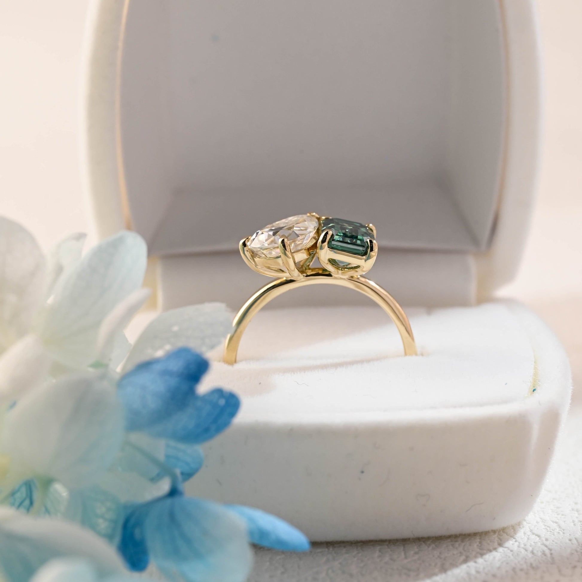 CausYou toi et moi engagement ring Solid Gold Toi Et Moi Ring, Green Emerald Cut Moissanite & Pear Cut Moissanite Engagement Ring, Promise Ring