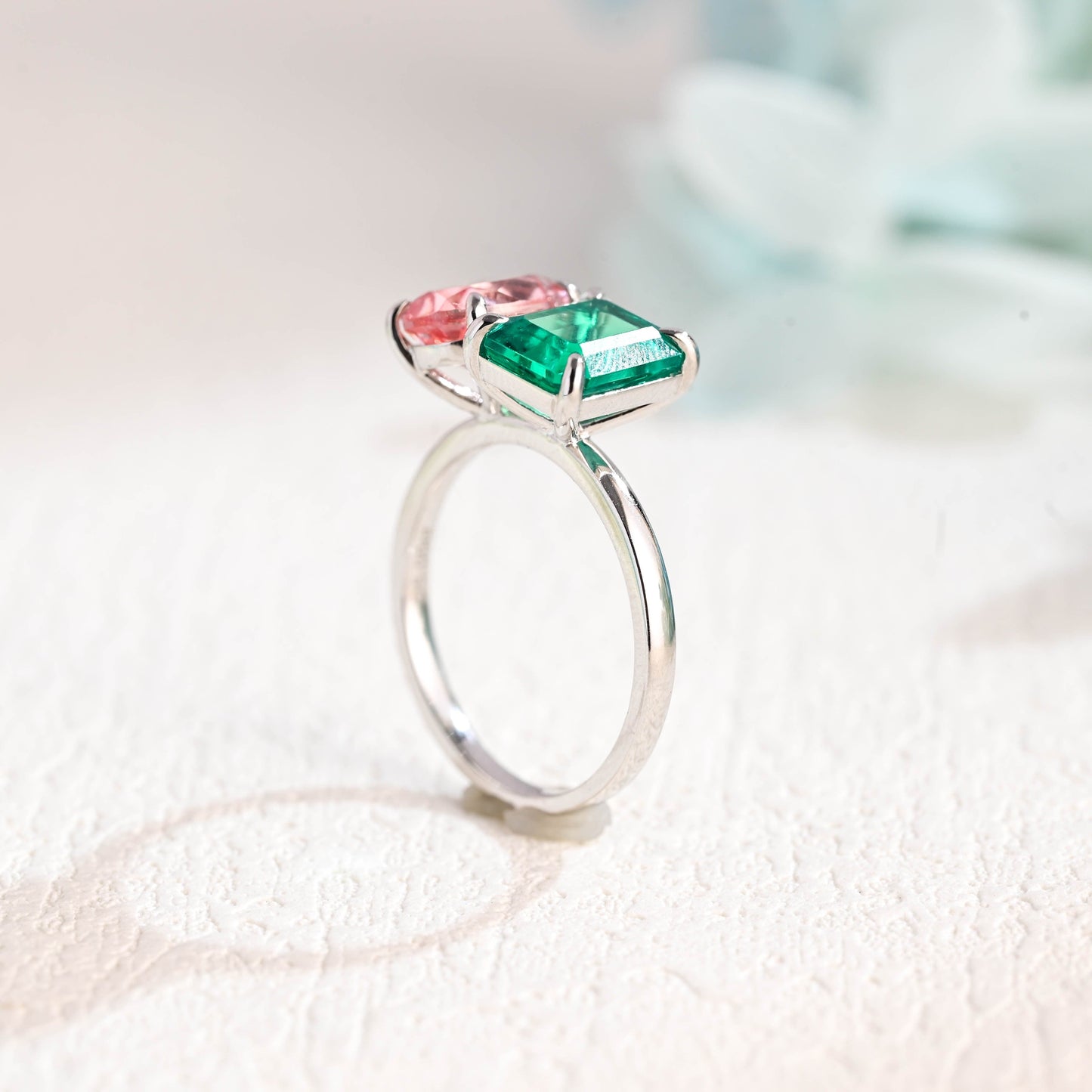 CausYou toi et moi engagement ring Solid Gold Toi Et Moi Ring, Lab Grown Emerald & Oval Cut Pink Sapphire Engagement Ring, Anniversary Gift