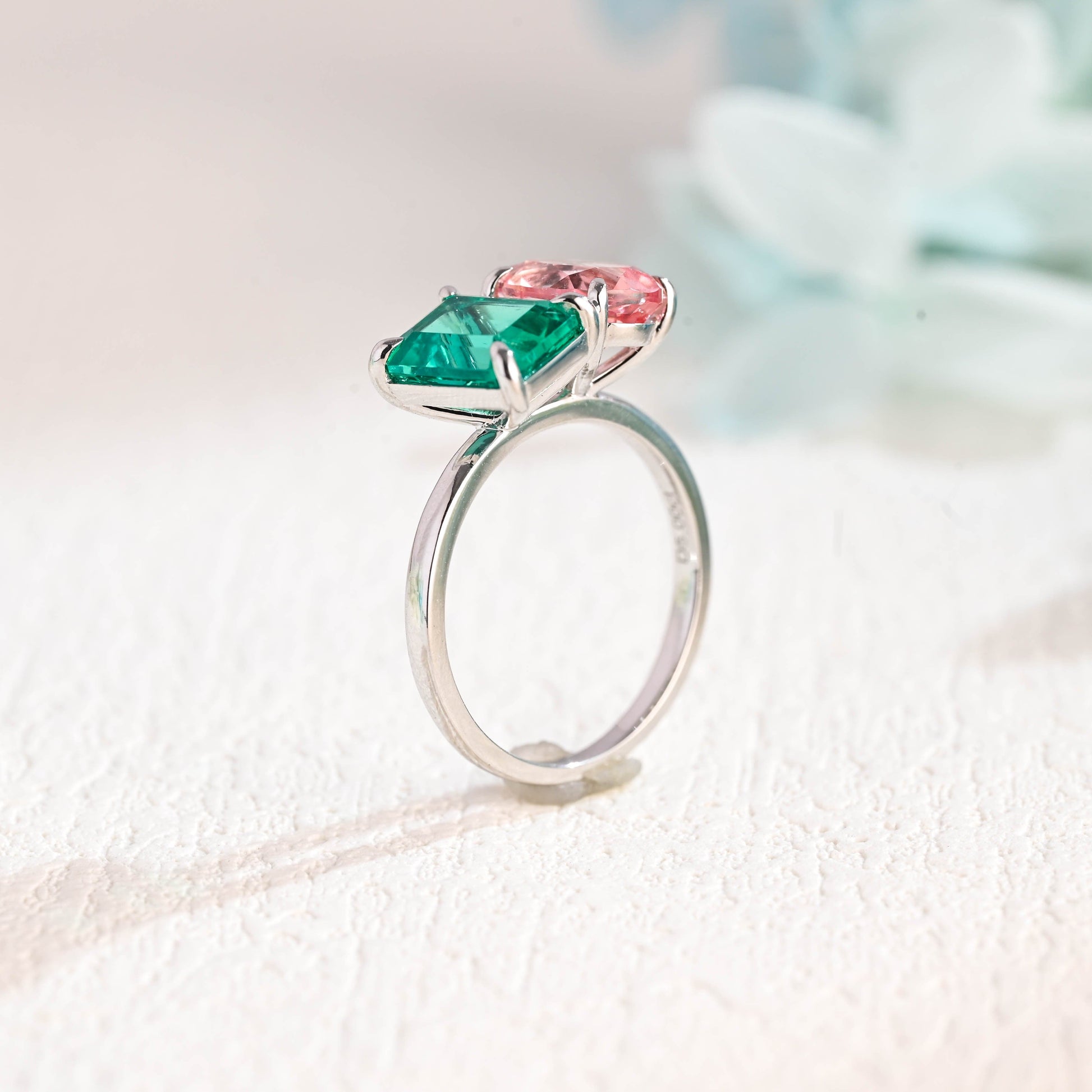 CausYou toi et moi engagement ring Solid Gold Toi Et Moi Ring, Lab Grown Emerald & Oval Cut Pink Sapphire Engagement Ring, Anniversary Gift