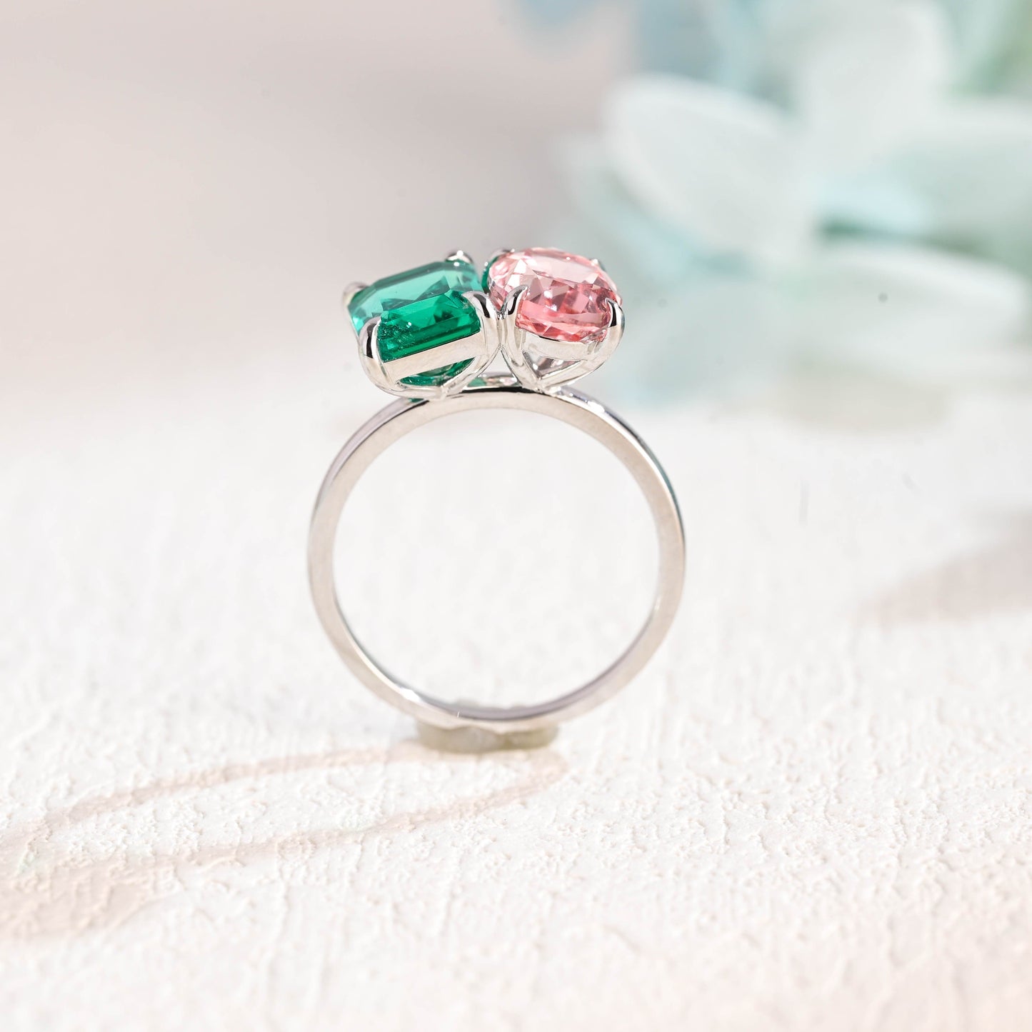 CausYou toi et moi engagement ring Solid Gold Toi Et Moi Ring, Lab Grown Emerald & Oval Cut Pink Sapphire Engagement Ring, Anniversary Gift