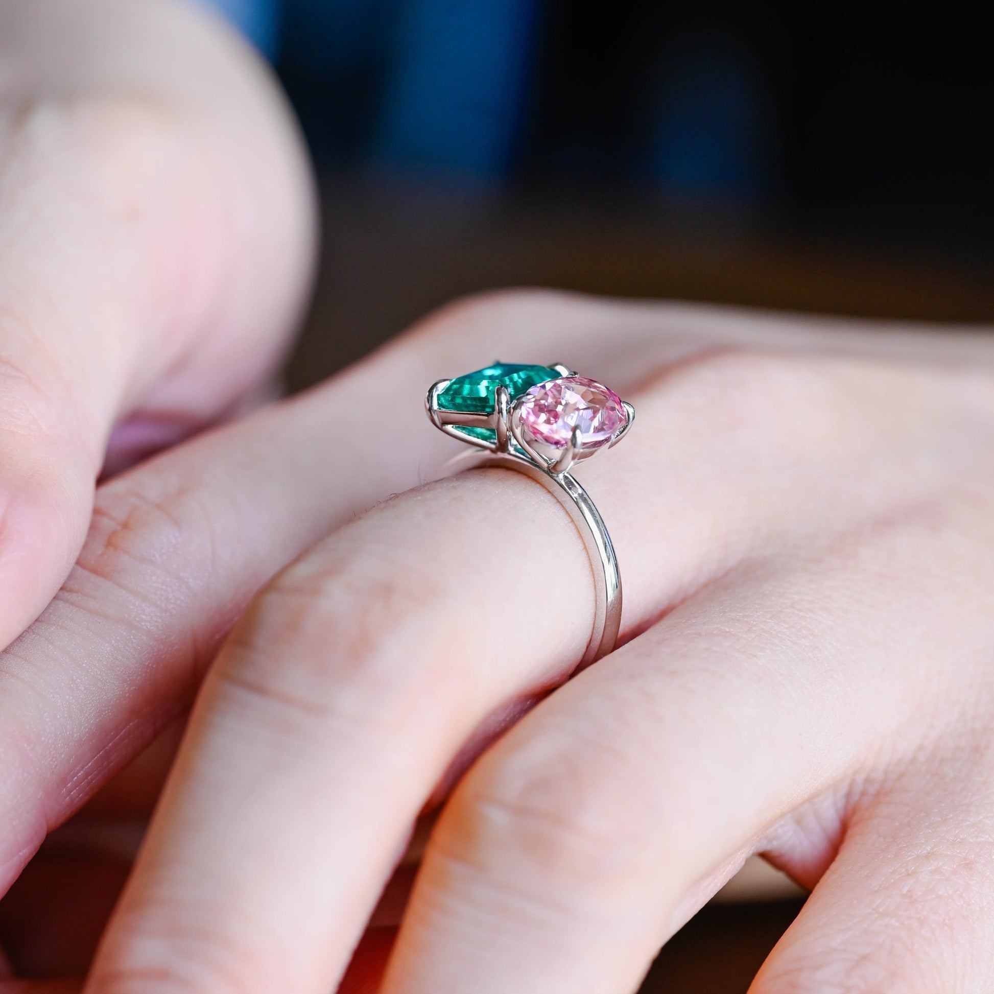 CausYou toi et moi engagement ring Solid Gold Toi Et Moi Ring, Lab Grown Emerald & Oval Cut Pink Sapphire Engagement Ring, Anniversary Gift