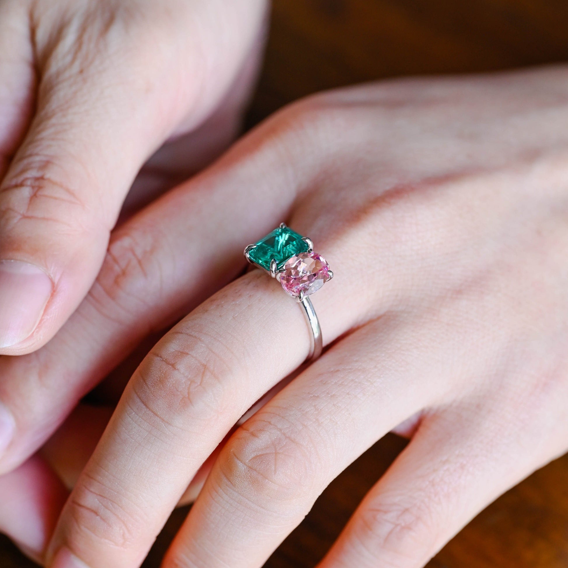 CausYou toi et moi engagement ring Solid Gold Toi Et Moi Ring, Lab Grown Emerald & Oval Cut Pink Sapphire Engagement Ring, Anniversary Gift