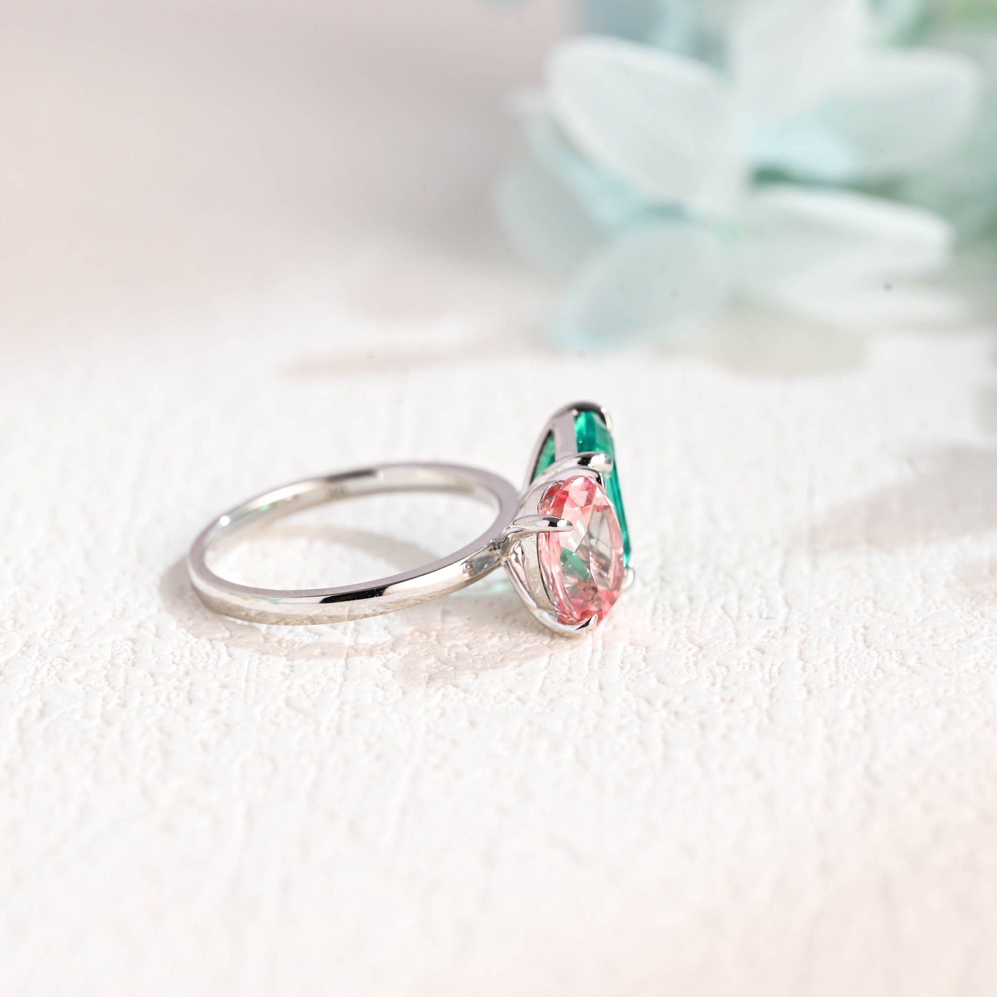 CausYou toi et moi engagement ring Solid Gold Toi Et Moi Ring, Lab Grown Emerald & Oval Cut Pink Sapphire Engagement Ring, Anniversary Gift