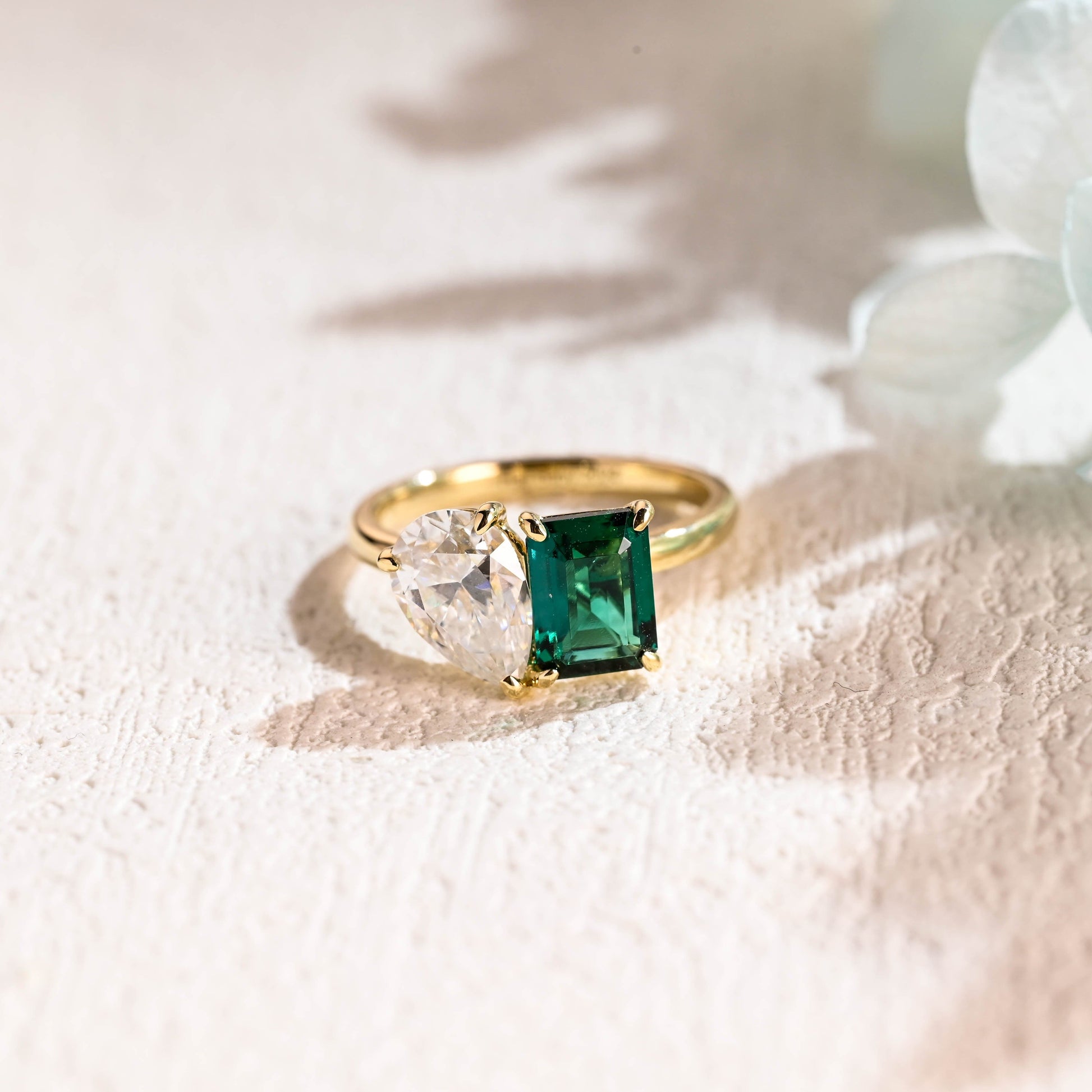 CausYou toi et moi engagement ring Solid Gold Toi et Moi Ring, Lab Grown Emerald & Pear Cut Moissanite Engagament Ring, Promise Ring, Gift for Women Wife