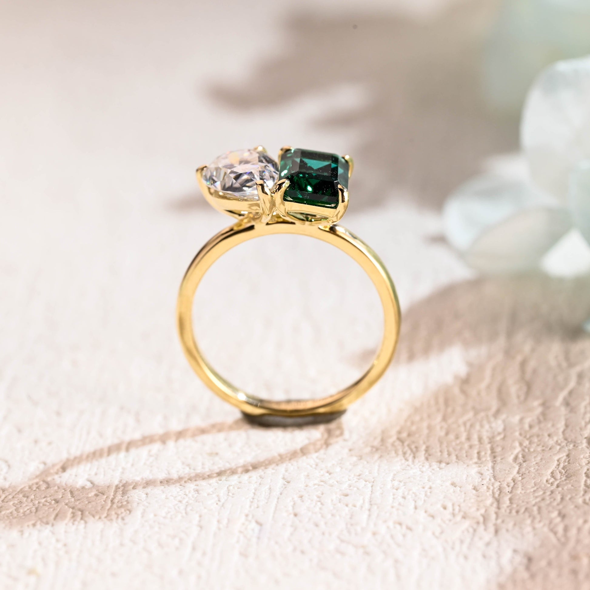 CausYou toi et moi engagement ring Solid Gold Toi et Moi Ring, Lab Grown Emerald & Pear Cut Moissanite Engagament Ring, Promise Ring, Gift for Women Wife