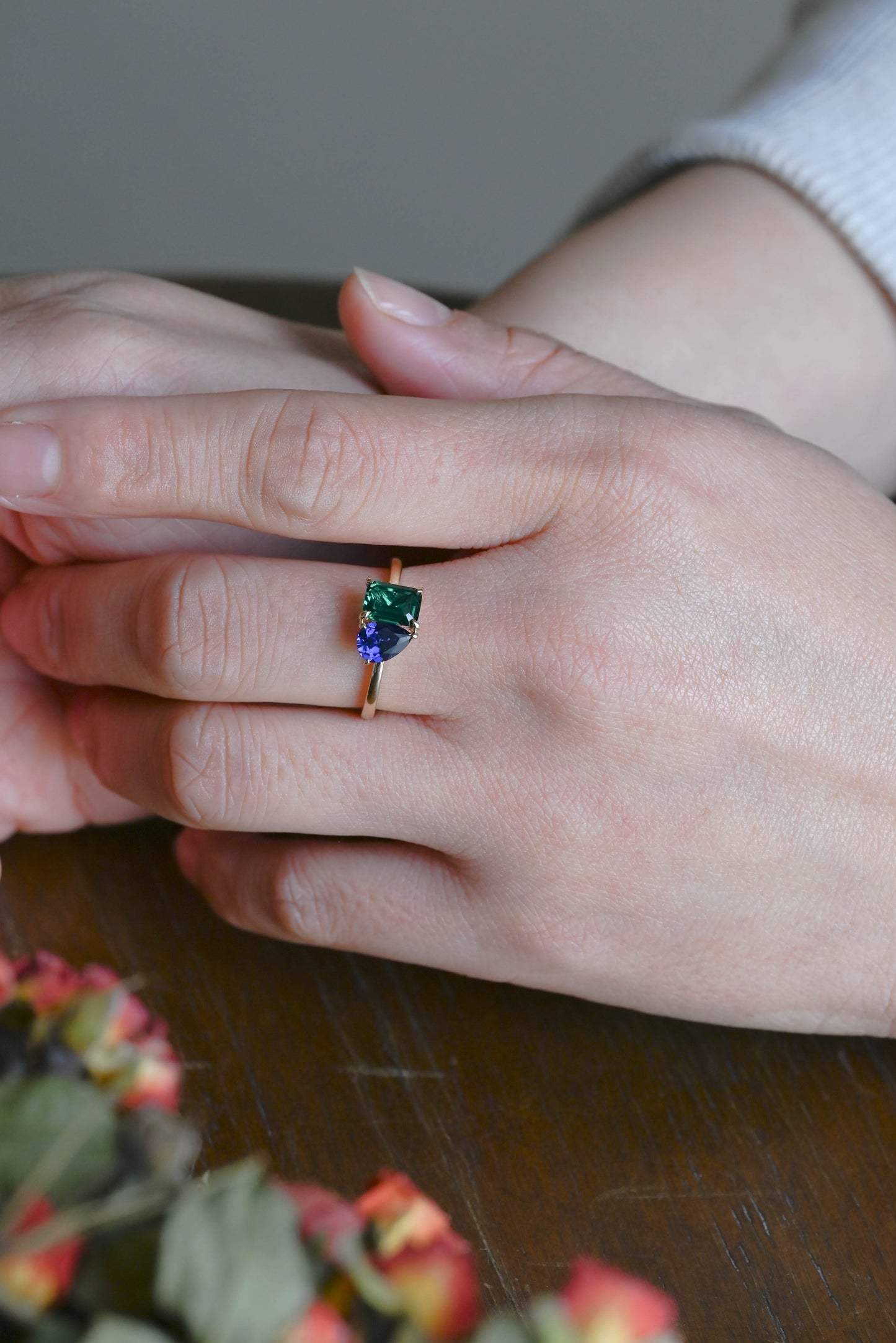 CausYou toi et moi engagement ring Solid Gold Toi Et Moi Ring, Lab Grown Emerald & Pear Cut Sapphire Engagement Ring, Promise Ring