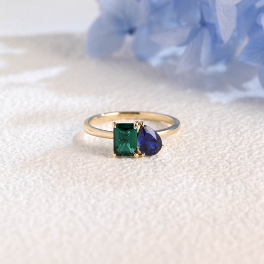CausYou toi et moi engagement ring Solid Gold Toi Et Moi Ring, Lab Grown Emerald & Pear Cut Sapphire Engagement Ring, Promise Ring