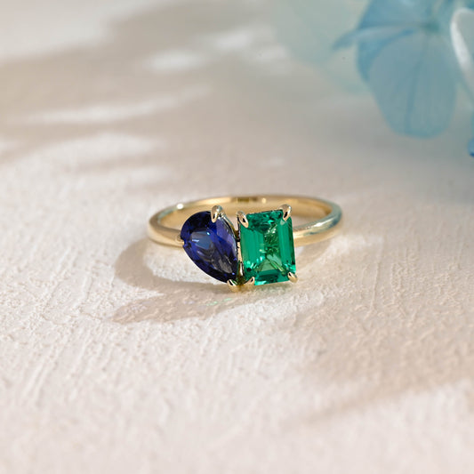 CausYou toi et moi engagement ring Solid Gold Toi Et Moi Ring, Lab Grown Emerald & Pear Cut Sapphire Engagement Ring, Promise Ring