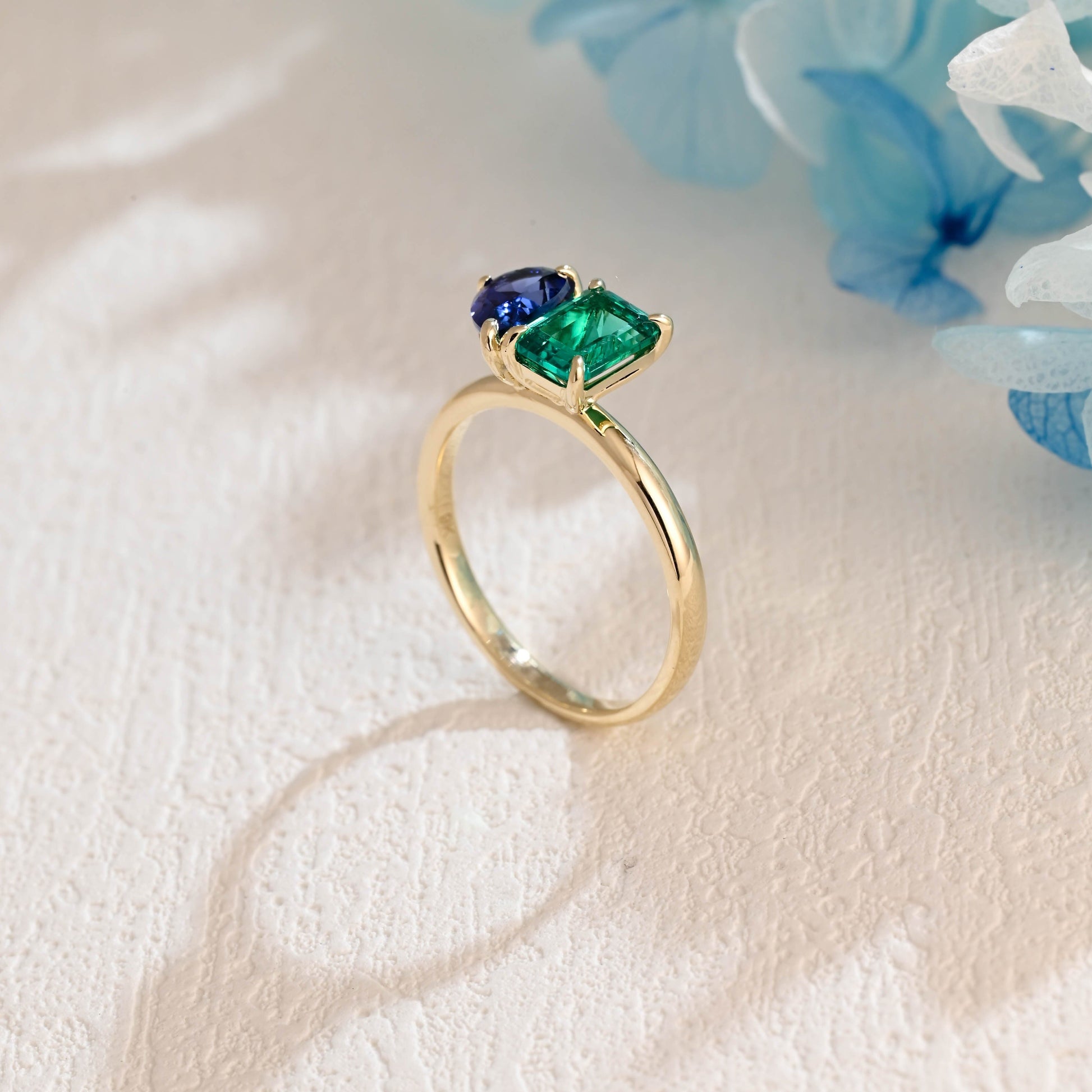 CausYou toi et moi engagement ring Solid Gold Toi Et Moi Ring, Lab Grown Emerald & Pear Cut Sapphire Engagement Ring, Promise Ring