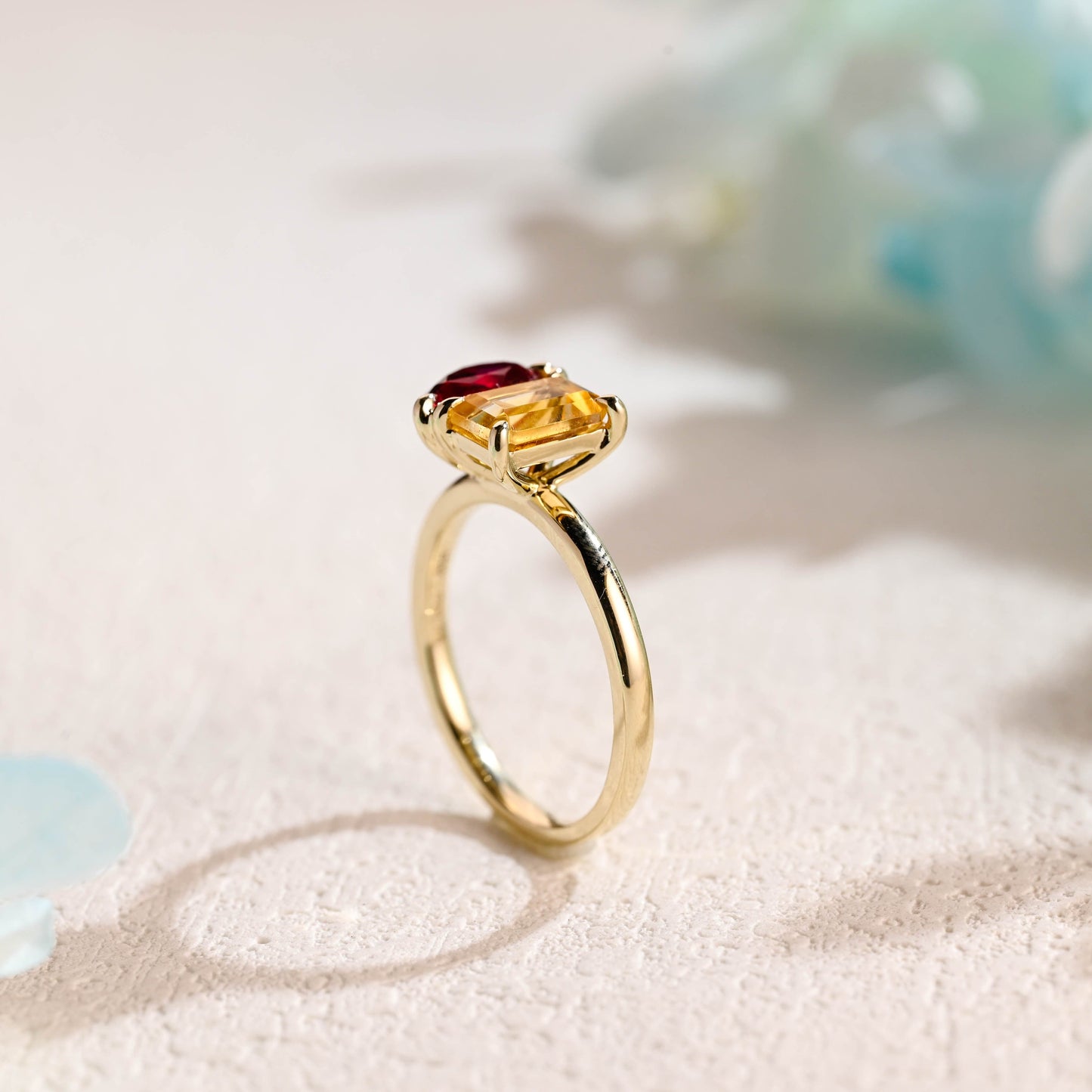 CausYou toi et moi engagement ring Solid Gold Toi Et Moi Ring, Lab Grown Pear Cut Ruby & Emerald Cut Yellow Quartz Engagement Ring, Promise Ring