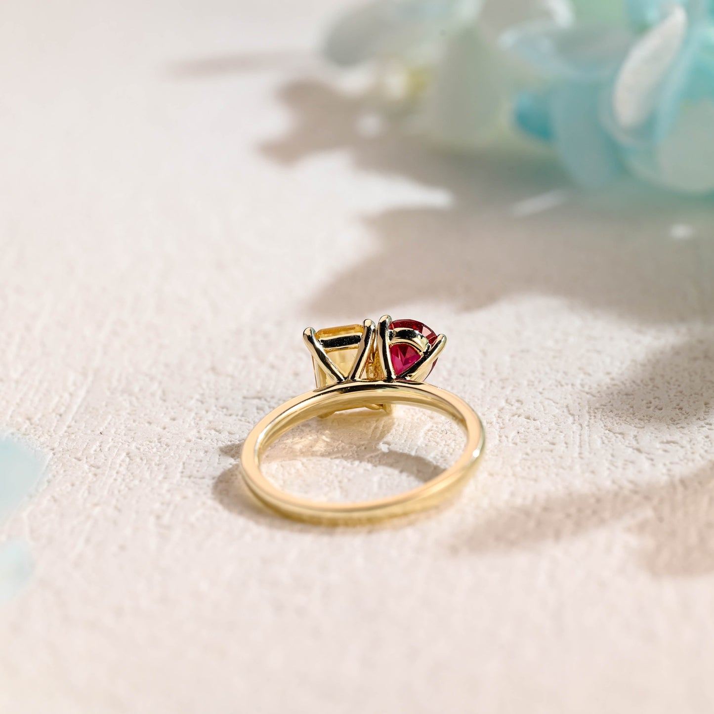 CausYou toi et moi engagement ring Solid Gold Toi Et Moi Ring, Lab Grown Pear Cut Ruby & Emerald Cut Yellow Quartz Engagement Ring, Promise Ring