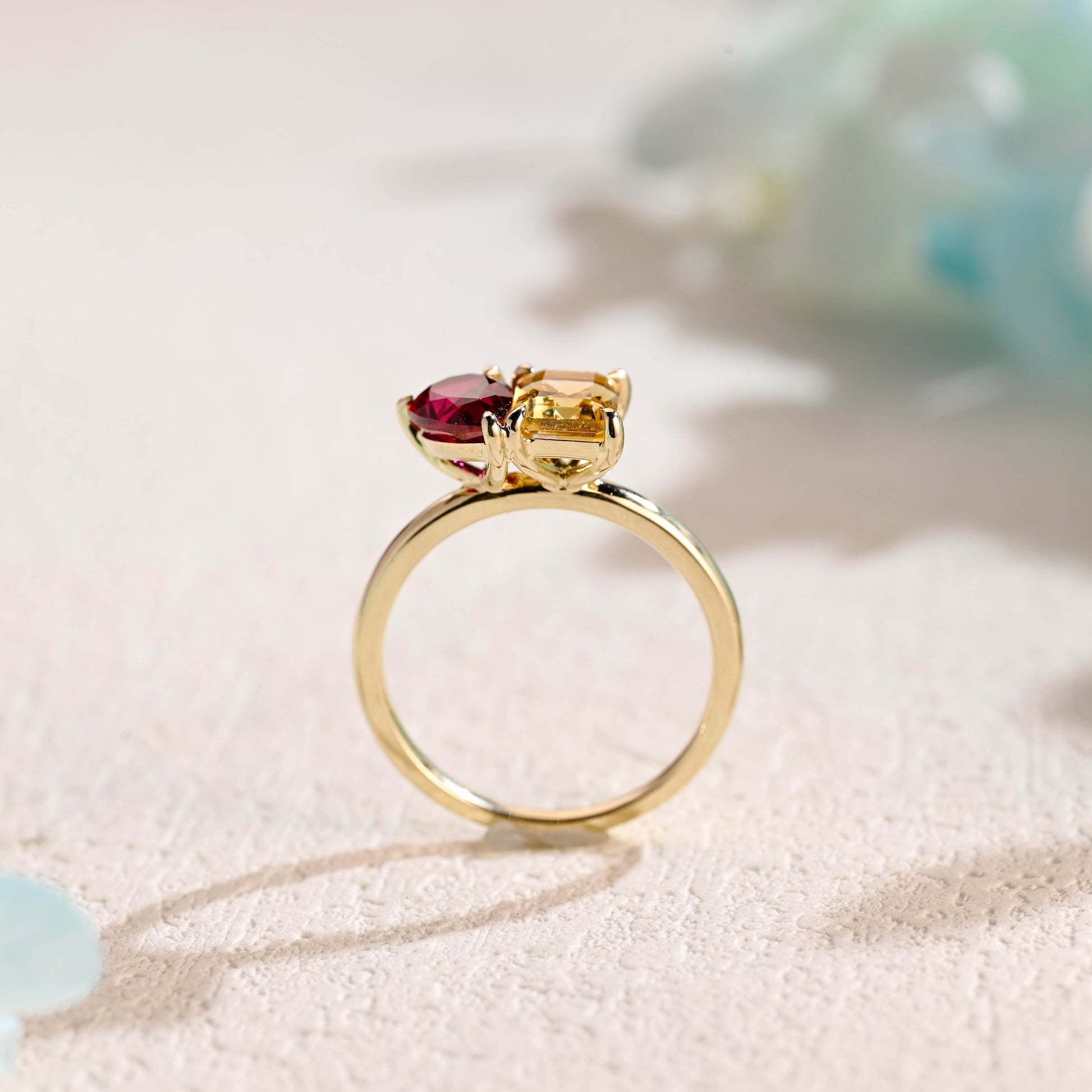 CausYou toi et moi engagement ring Solid Gold Toi Et Moi Ring, Lab Grown Pear Cut Ruby & Emerald Cut Yellow Quartz Engagement Ring, Promise Ring