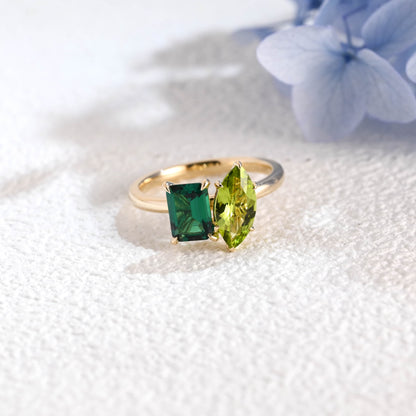 CausYou toi et moi engagement ring Solid Gold Toi Et Moi Ring, Marquise Cut Peridot & Lab Emerald Engagement Ring