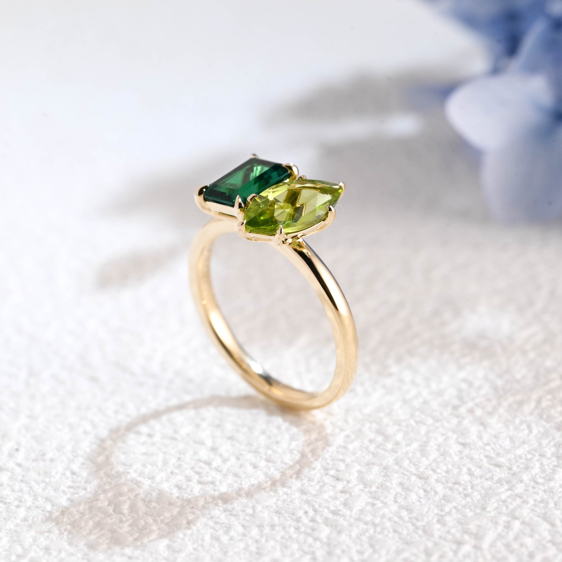 CausYou toi et moi engagement ring Solid Gold Toi Et Moi Ring, Marquise Cut Peridot & Lab Emerald Engagement Ring