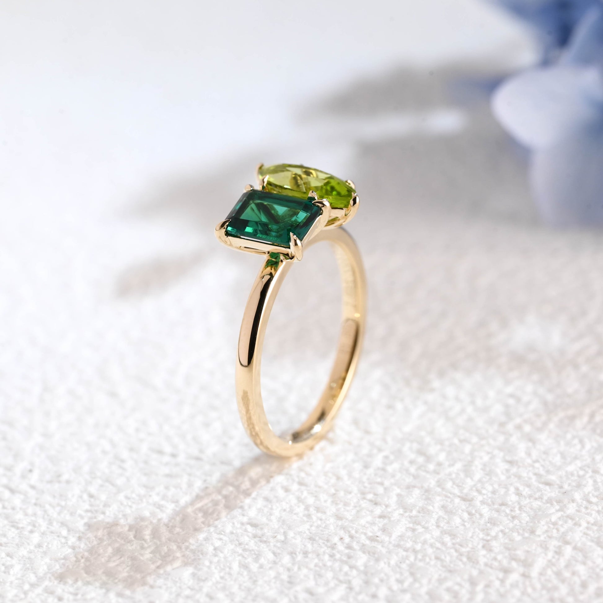 CausYou toi et moi engagement ring Solid Gold Toi Et Moi Ring, Marquise Cut Peridot & Lab Emerald Engagement Ring