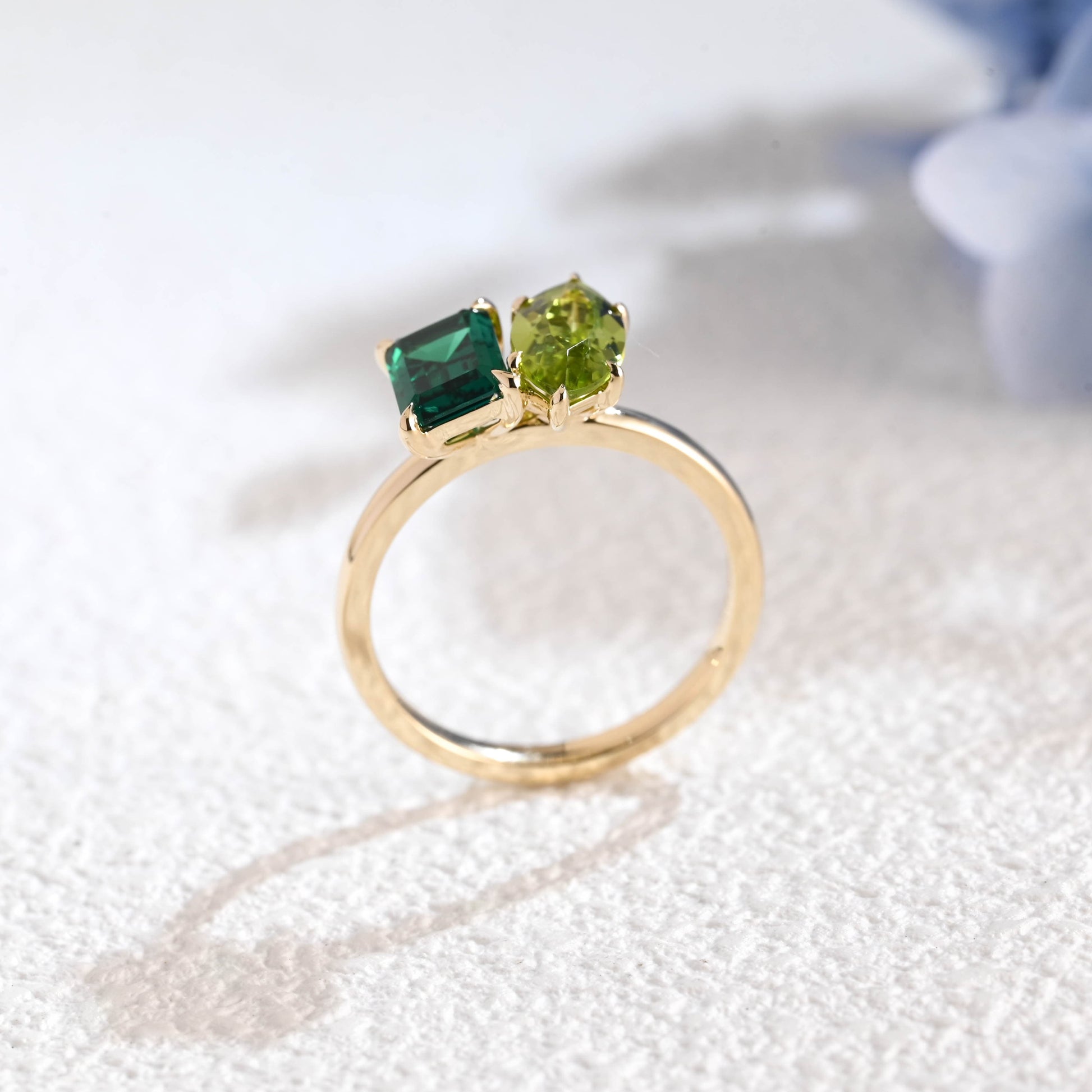 CausYou toi et moi engagement ring Solid Gold Toi Et Moi Ring, Marquise Cut Peridot & Lab Emerald Engagement Ring