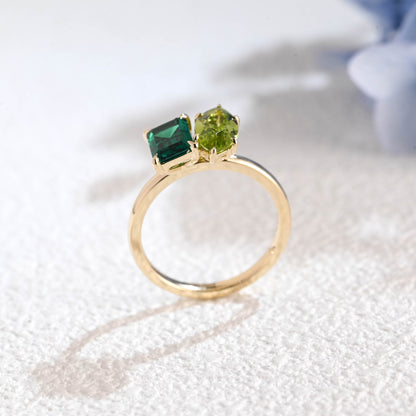 CausYou toi et moi engagement ring Solid Gold Toi Et Moi Ring, Marquise Cut Peridot & Lab Emerald Engagement Ring