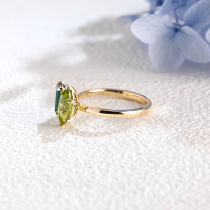 CausYou toi et moi engagement ring Solid Gold Toi Et Moi Ring, Marquise Cut Peridot & Lab Emerald Engagement Ring
