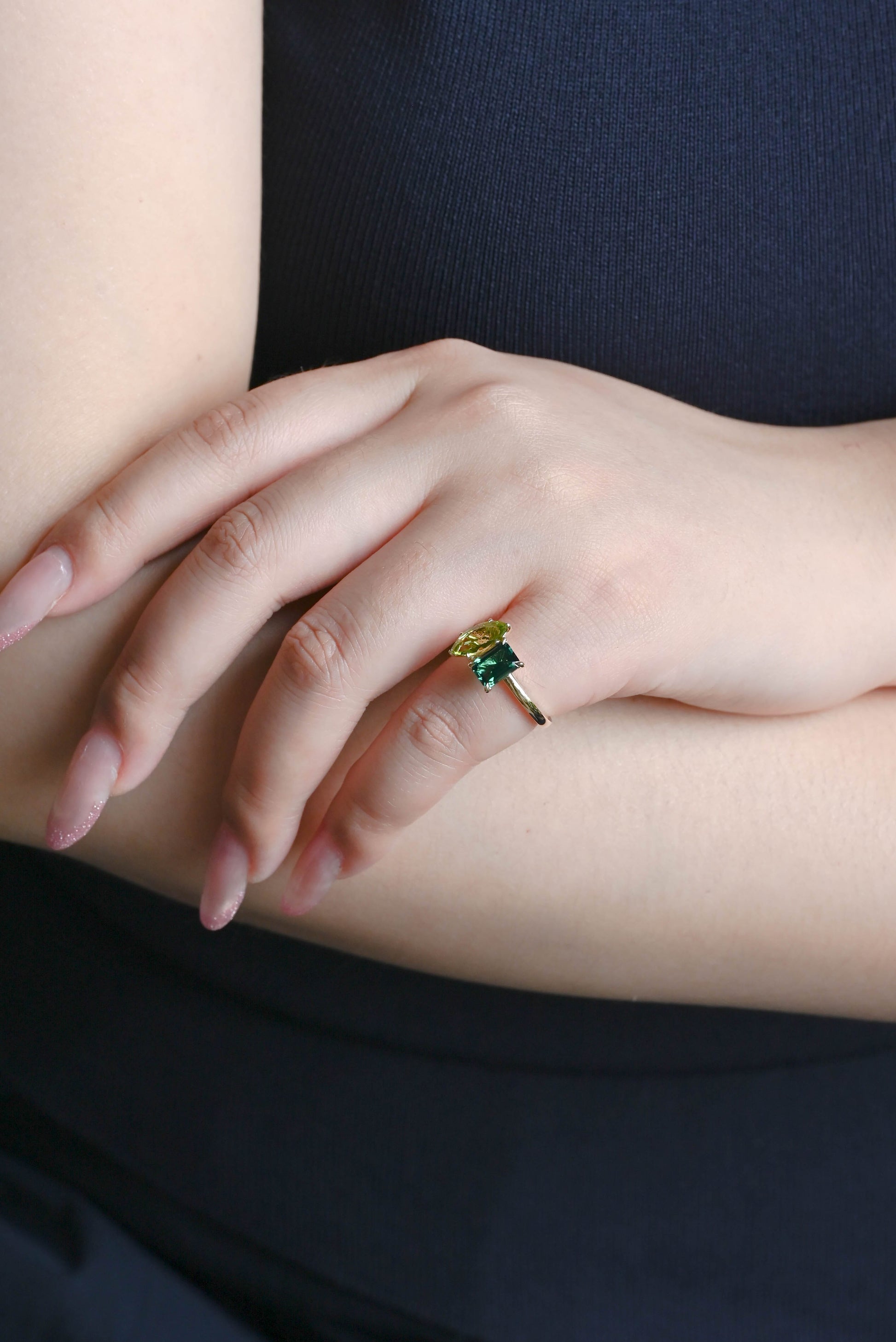 CausYou toi et moi engagement ring Solid Gold Toi Et Moi Ring, Marquise Cut Peridot & Lab Emerald Engagement Ring