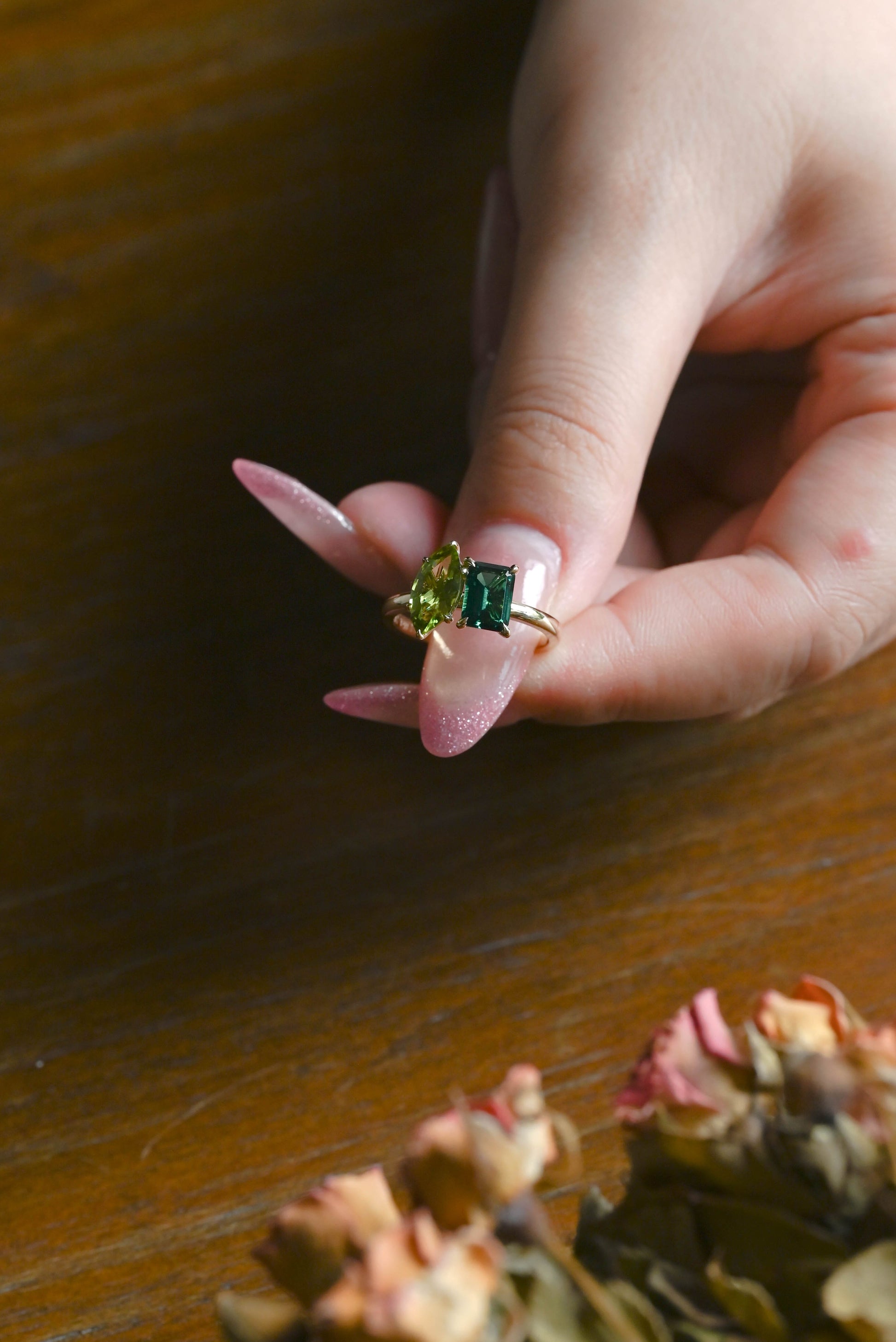CausYou toi et moi engagement ring Solid Gold Toi Et Moi Ring, Marquise Cut Peridot & Lab Emerald Engagement Ring