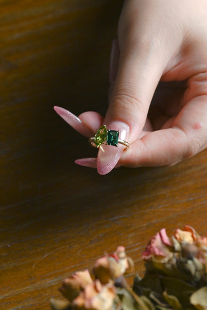 CausYou toi et moi engagement ring Solid Gold Toi Et Moi Ring, Marquise Cut Peridot & Lab Emerald Engagement Ring