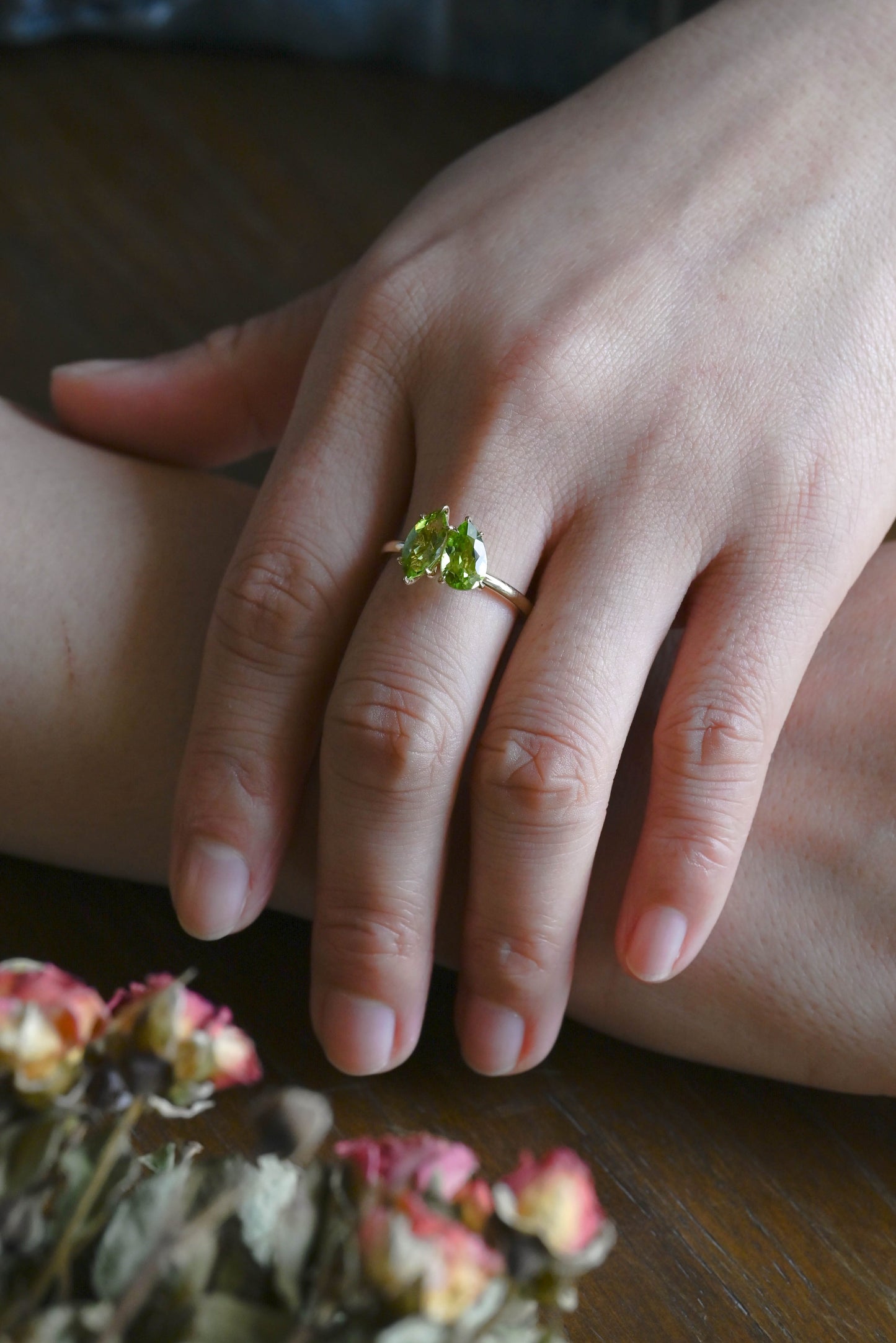 CausYou toi et moi engagement ring Solid Gold Toi Et Moi Ring, Marquise & Pear Natural Peridot Engagement Ring, Aug. Birthstone Ring