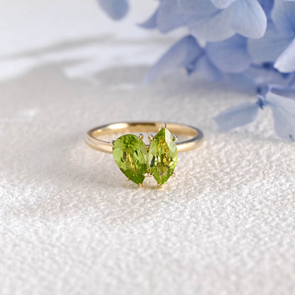 CausYou toi et moi engagement ring Solid Gold Toi Et Moi Ring, Marquise & Pear Natural Peridot Engagement Ring, Aug. Birthstone Ring