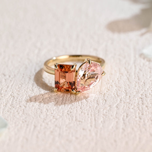 CausYou toi et moi engagement ring Solid Gold Toi Et Moi Ring, Orange & Pink Lab Grown Sapphire Engagement Ring, Promise Ring