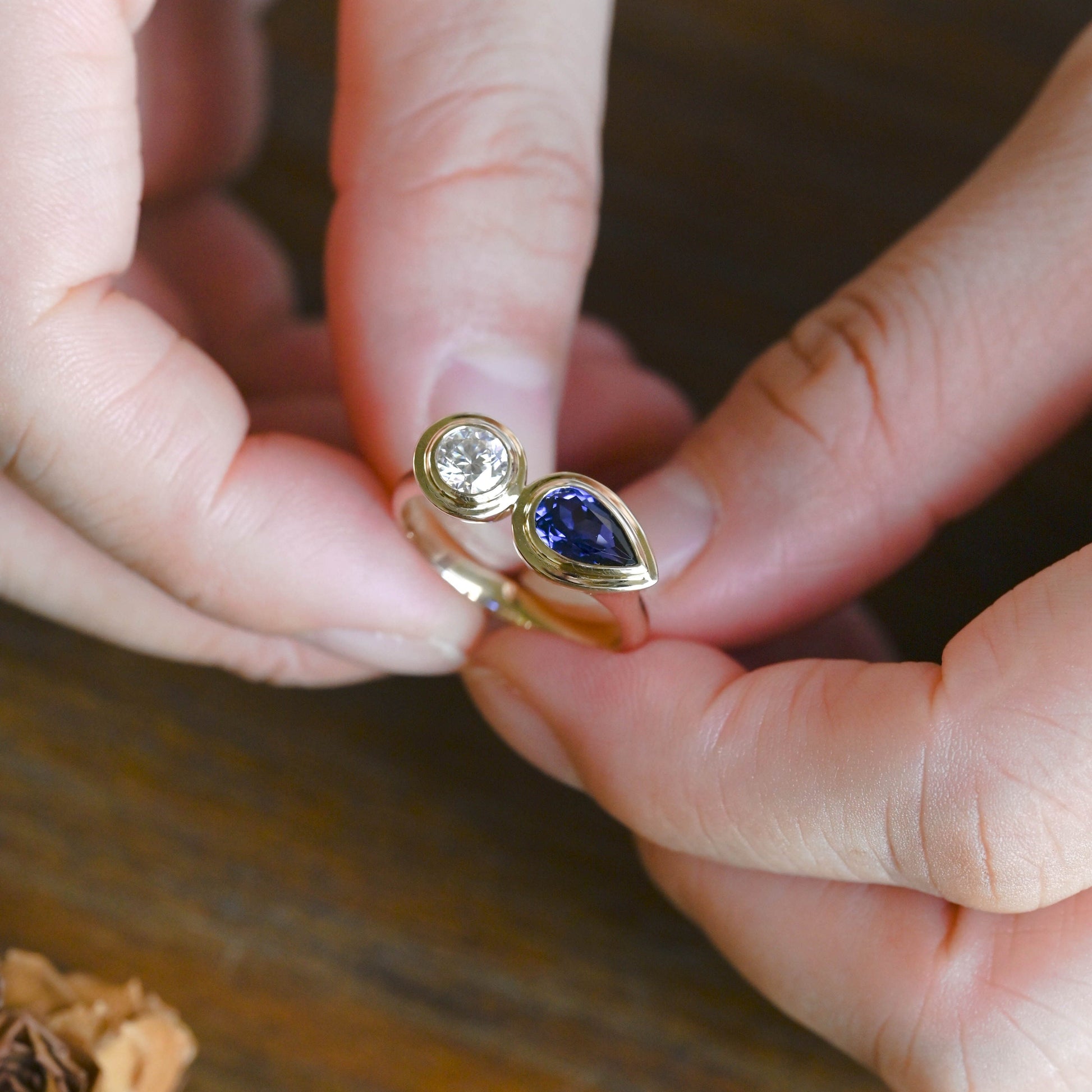 CausYou toi et moi engagement ring Solid Gold Toi Et Moi Ring, Pear Cut Blue Lab Sapphire & Round Cut Moissanite Engagement Ring
