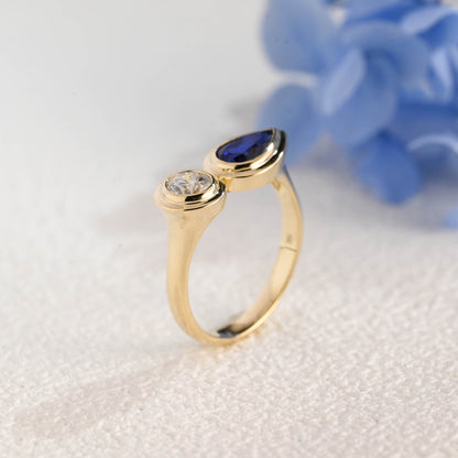 CausYou toi et moi engagement ring Solid Gold Toi Et Moi Ring, Pear Cut Blue Lab Sapphire & Round Cut Moissanite Engagement Ring