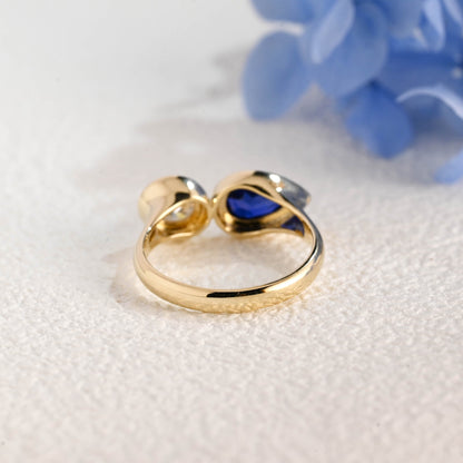 CausYou toi et moi engagement ring Solid Gold Toi Et Moi Ring, Pear Cut Blue Lab Sapphire & Round Cut Moissanite Engagement Ring