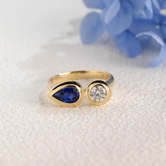 CausYou toi et moi engagement ring Solid Gold Toi Et Moi Ring, Pear Cut Blue Lab Sapphire & Round Cut Moissanite Engagement Ring