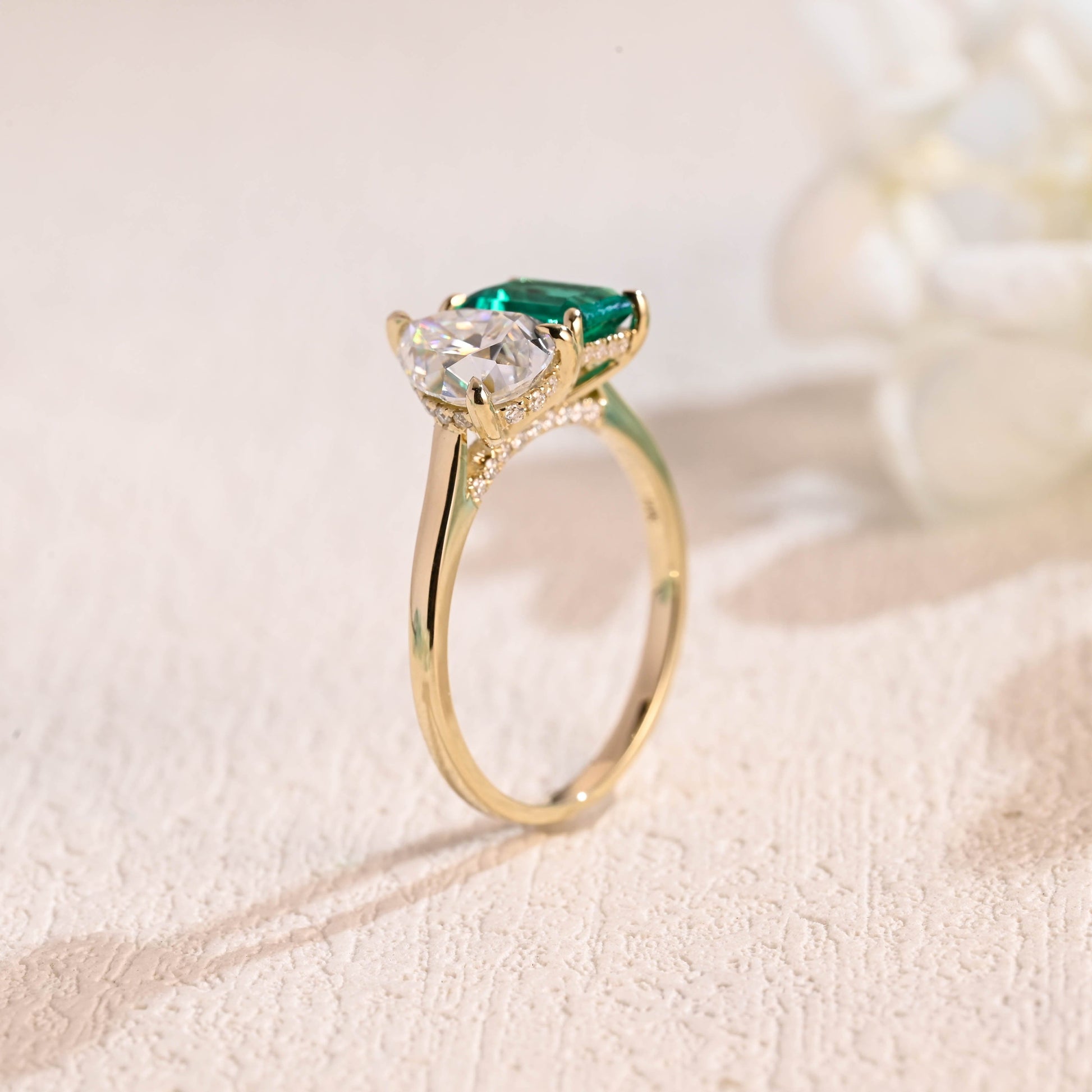 CausYou toi et moi engagement ring Solid Gold Toi Et Moi Ring, Pear Cut Moissanite & Lab Grown Emerald Engagement Ring, Promise Ring