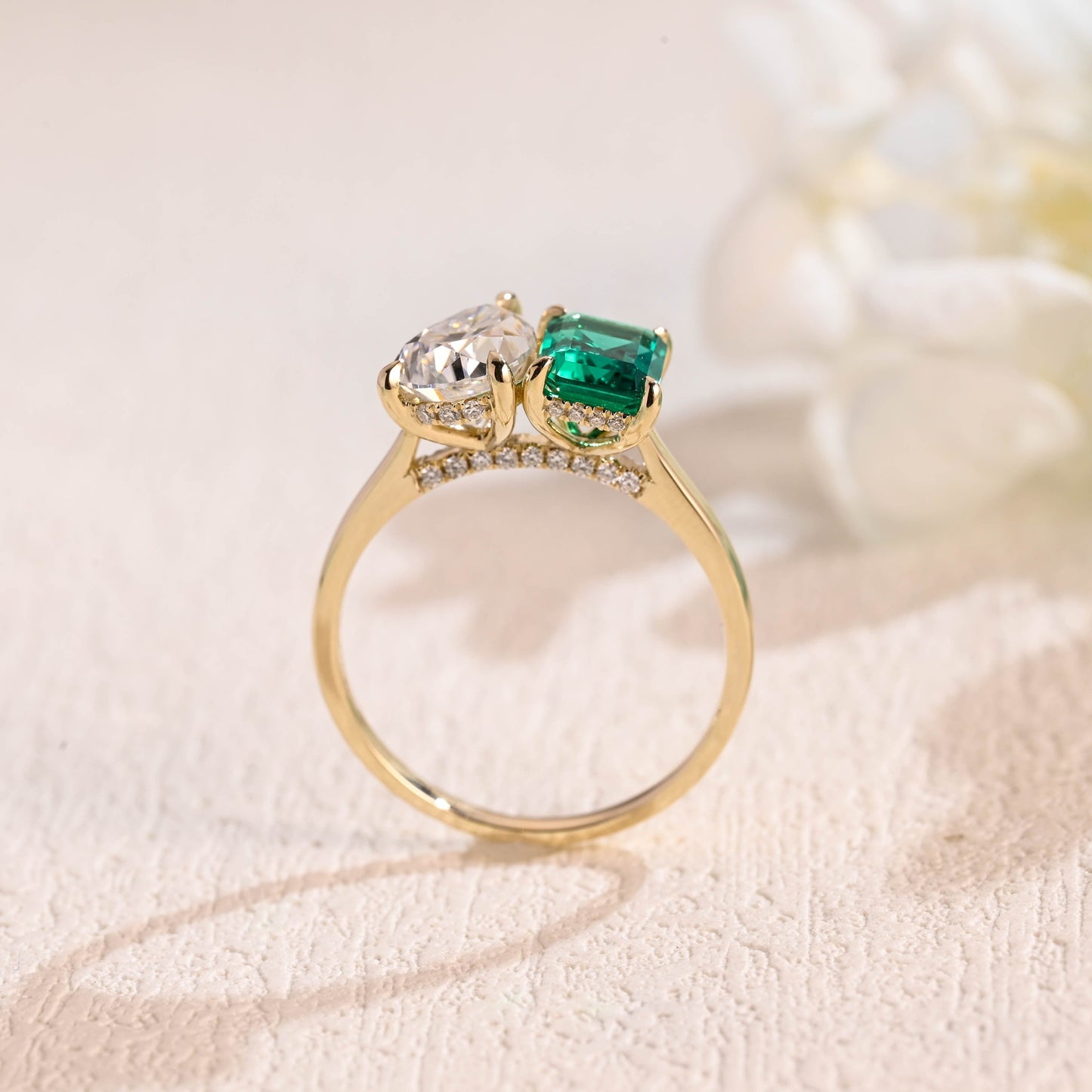 CausYou toi et moi engagement ring Solid Gold Toi Et Moi Ring, Pear Cut Moissanite & Lab Grown Emerald Engagement Ring, Promise Ring