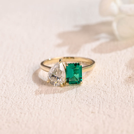 CausYou toi et moi engagement ring Solid Gold Toi Et Moi Ring, Pear Cut Moissanite & Lab Grown Emerald Engagement Ring, Promise Ring