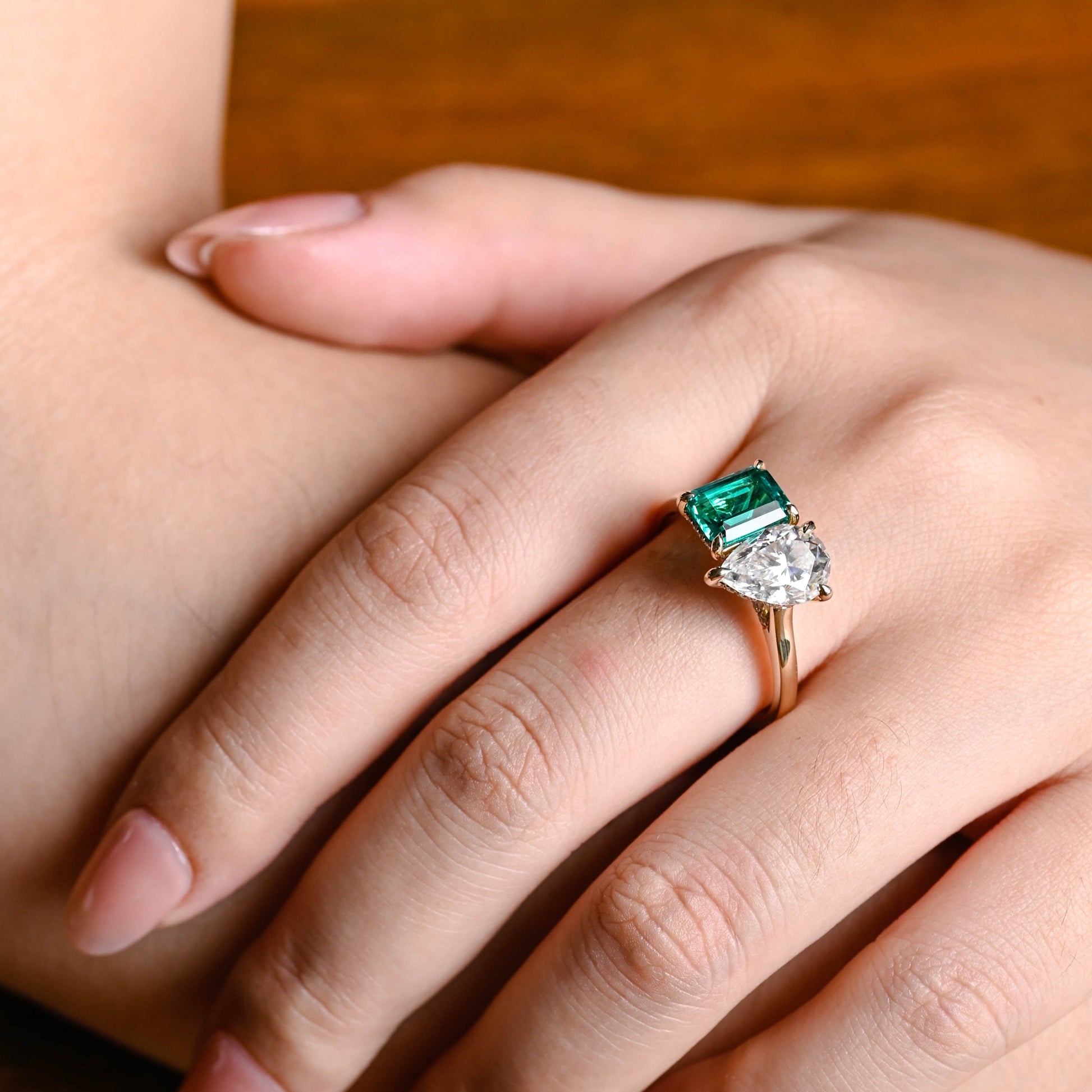 CausYou toi et moi engagement ring Solid Gold Toi Et Moi Ring, Pear Cut Moissanite & Lab Grown Emerald Engagement Ring, Promise Ring