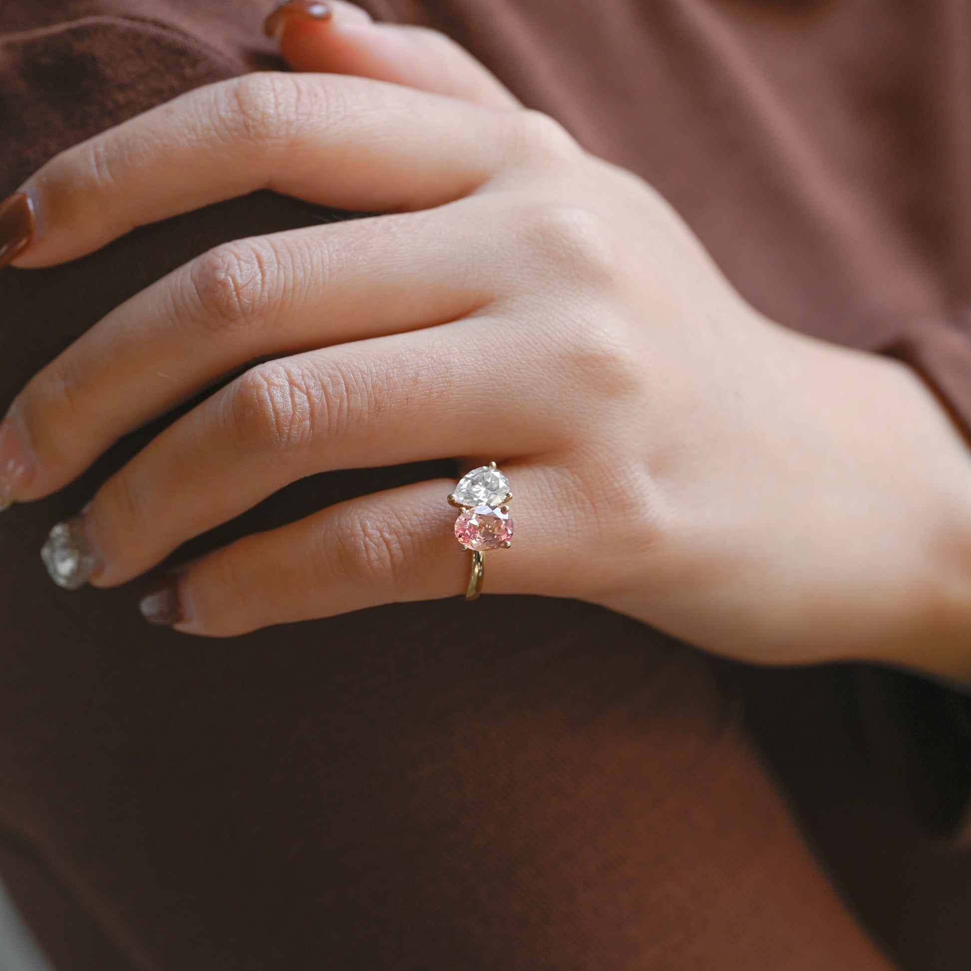 CausYou toi et moi engagement ring Solid Gold Toi et Moi Ring, Pear Cut Moissanite & Oval Cut Lab Grown Sapphire Engagement Ring, Bridal Ring