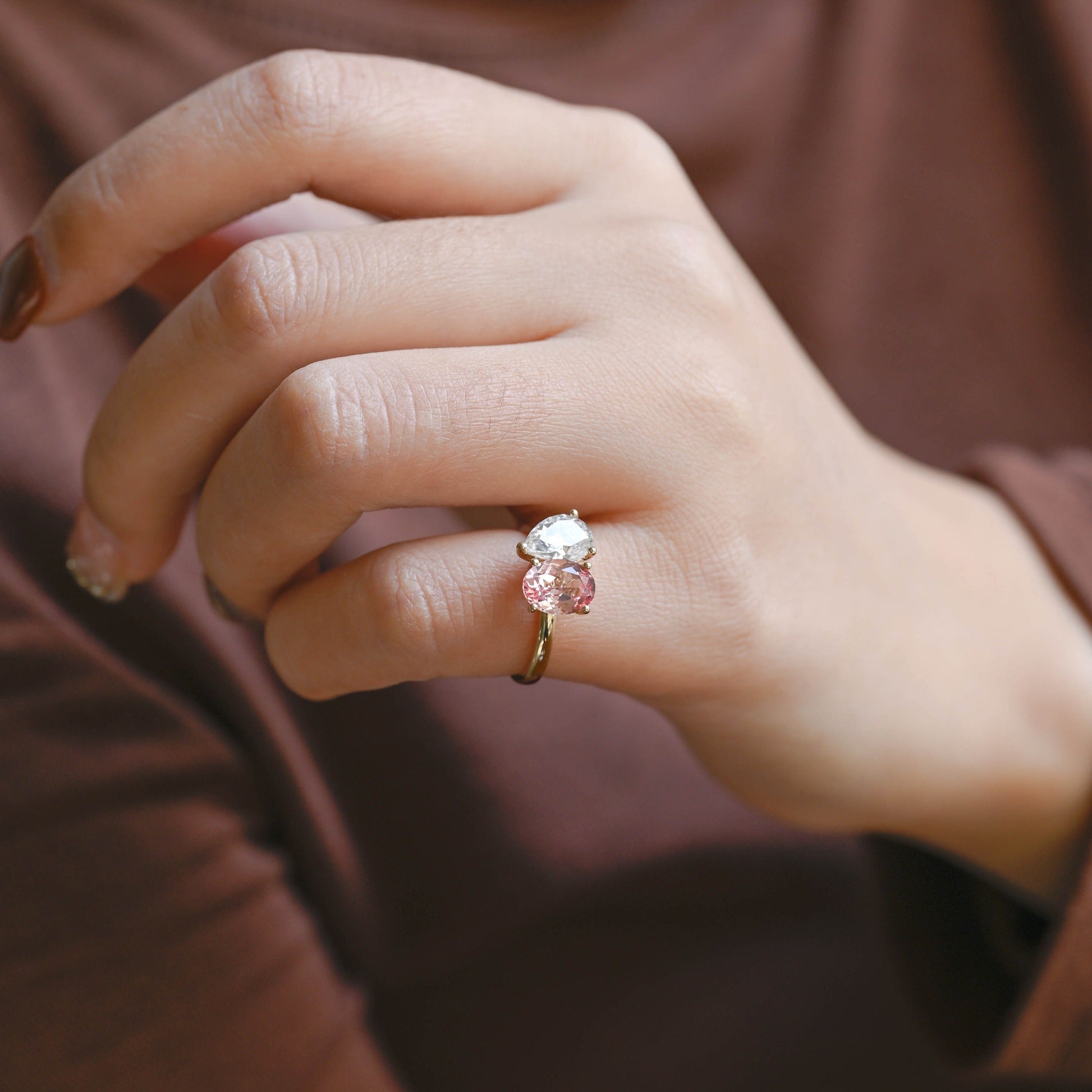 CausYou toi et moi engagement ring Solid Gold Toi et Moi Ring, Pear Cut Moissanite & Oval Cut Lab Grown Sapphire Engagement Ring, Bridal Ring