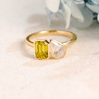 CausYou toi et moi engagement ring Solid Gold Toi Et Moi Yellow Emerald Cut Lab Sapphire & Pear Cut Moissanite Engagement Ring