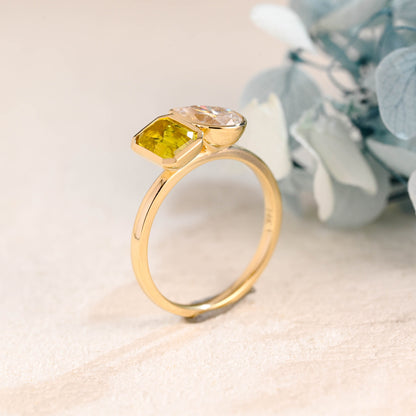 CausYou toi et moi engagement ring Solid Gold Toi Et Moi Yellow Emerald Cut Lab Sapphire & Pear Cut Moissanite Engagement Ring