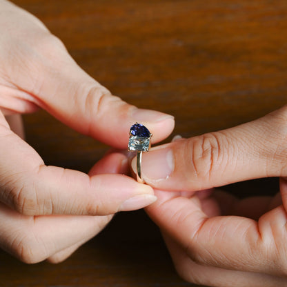 CausYou toi et moi engagement ring Toi et Moi Ring, Solid Gold Emerald Lab Grown Aquamarine Sapphire & Pear Blue Sapphire Engagement
