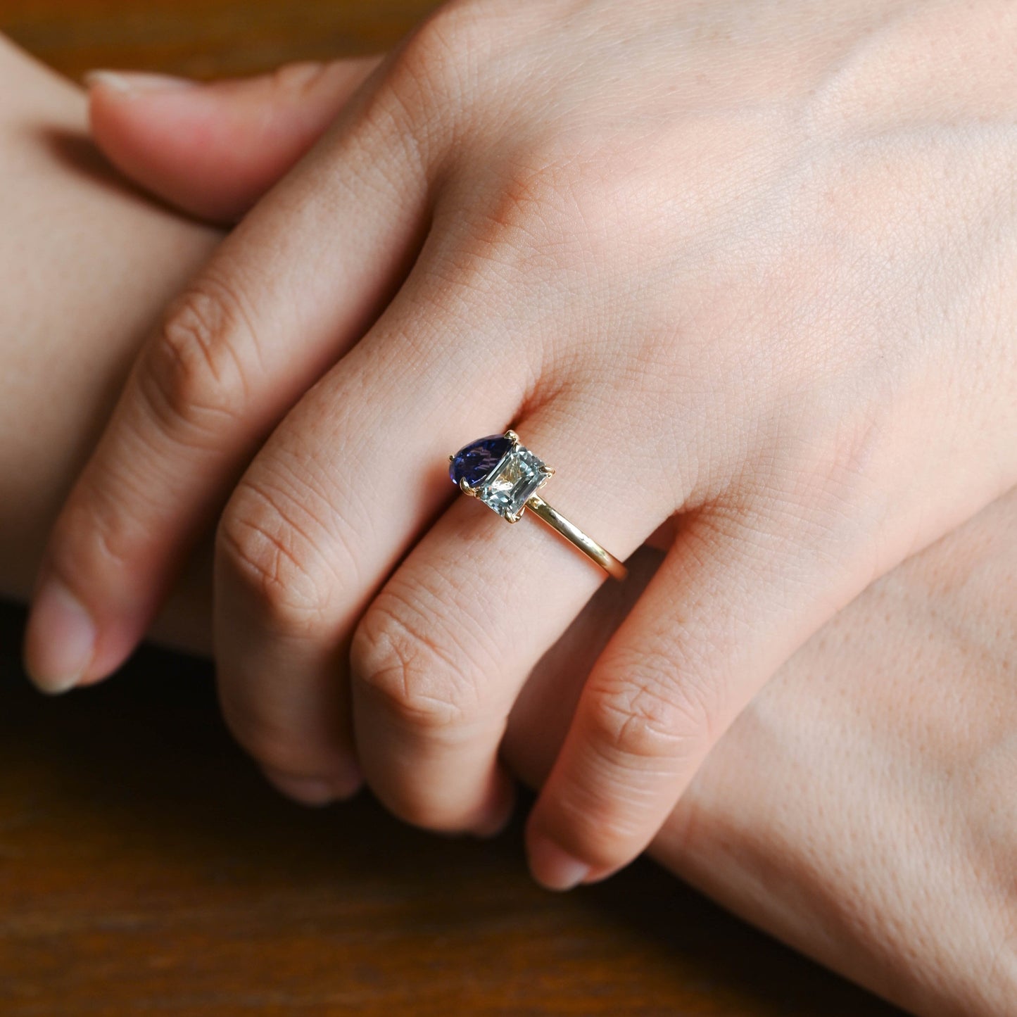 CausYou toi et moi engagement ring Toi et Moi Ring, Solid Gold Emerald Lab Grown Aquamarine Sapphire & Pear Blue Sapphire Engagement