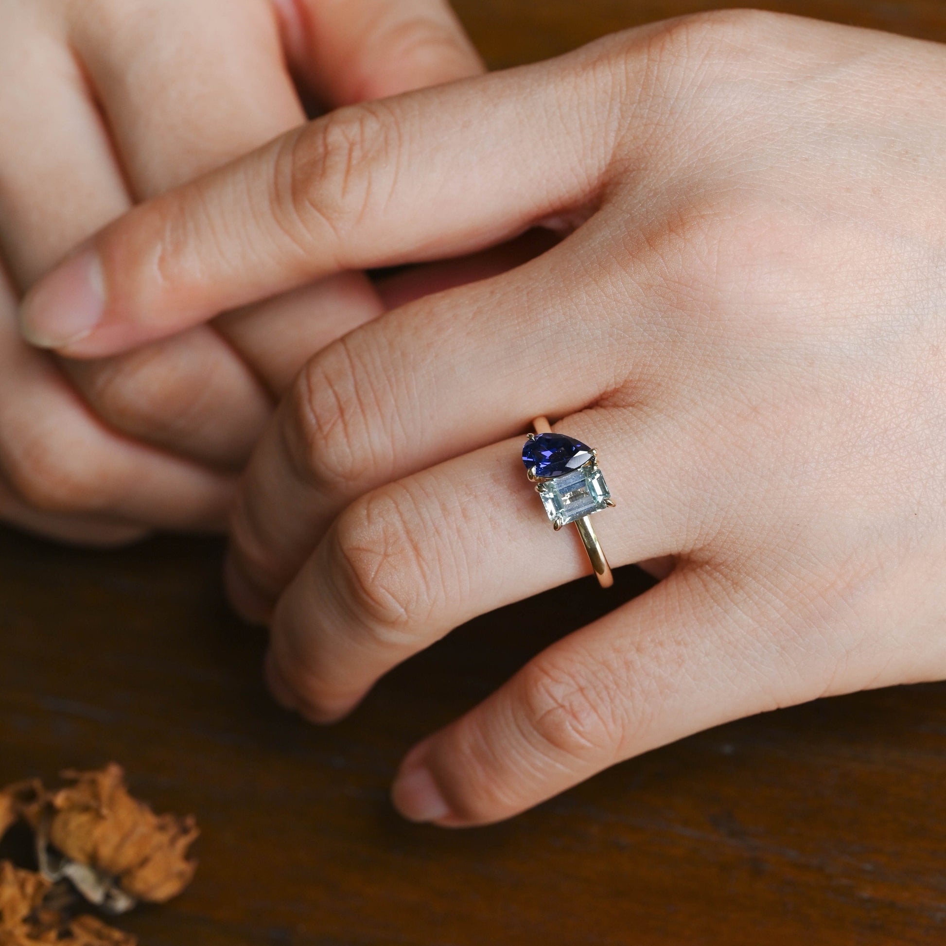 CausYou toi et moi engagement ring Toi et Moi Ring, Solid Gold Emerald Lab Grown Aquamarine Sapphire & Pear Blue Sapphire Engagement