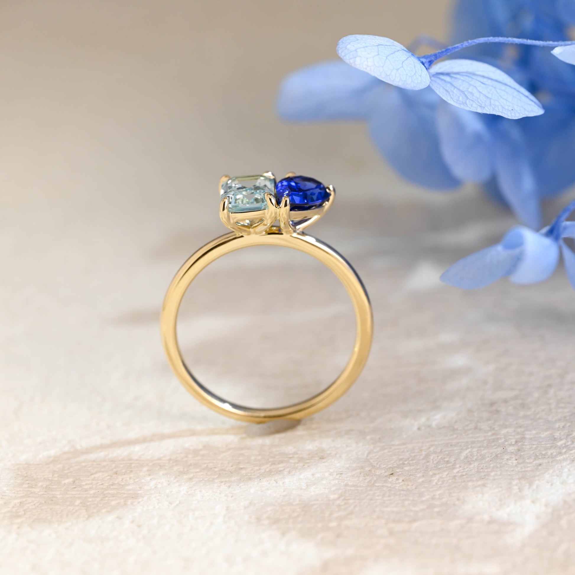 CausYou toi et moi engagement ring Toi et Moi Ring, Solid Gold Emerald Lab Grown Aquamarine Sapphire & Pear Blue Sapphire Engagement