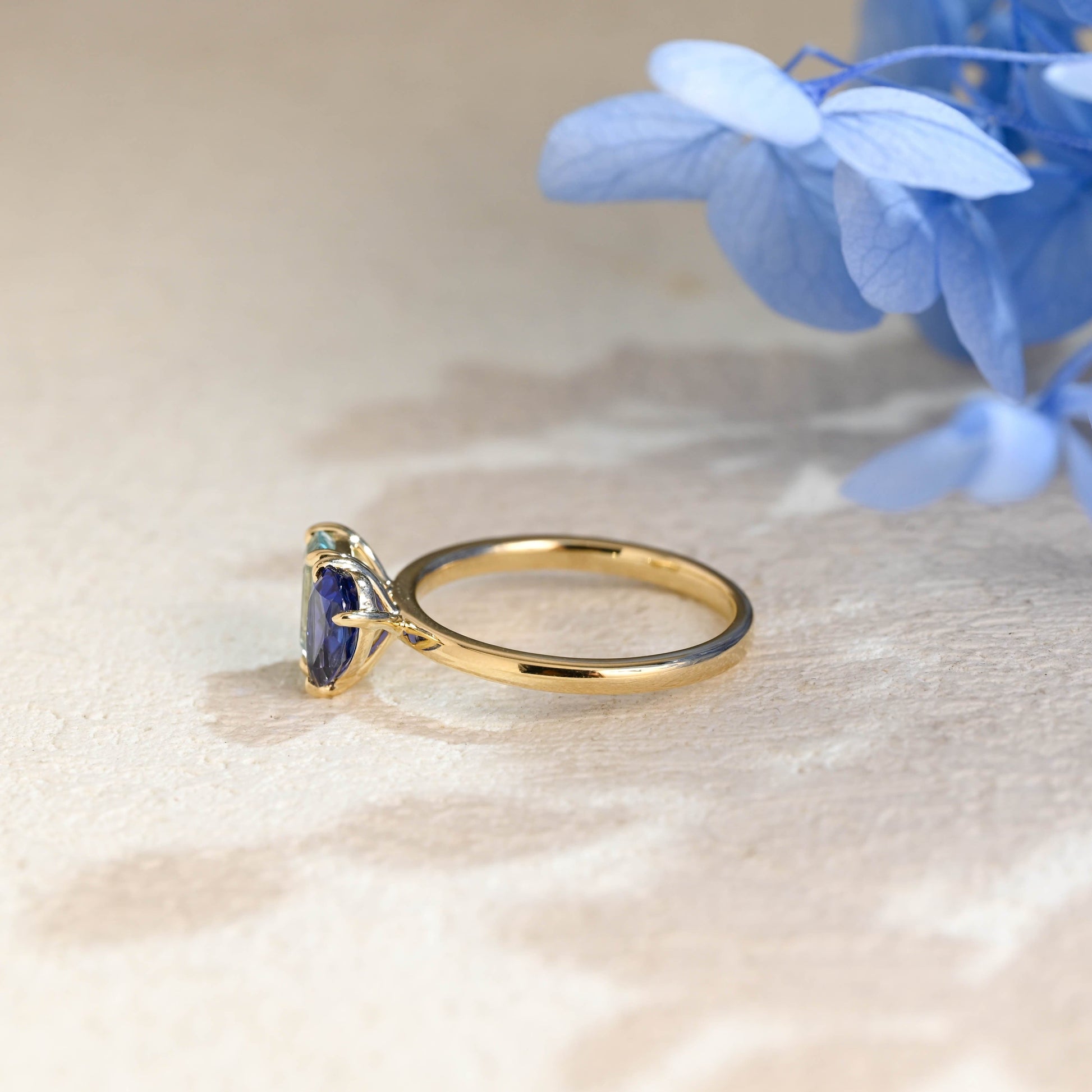 CausYou toi et moi engagement ring Toi et Moi Ring, Solid Gold Emerald Lab Grown Aquamarine Sapphire & Pear Blue Sapphire Engagement