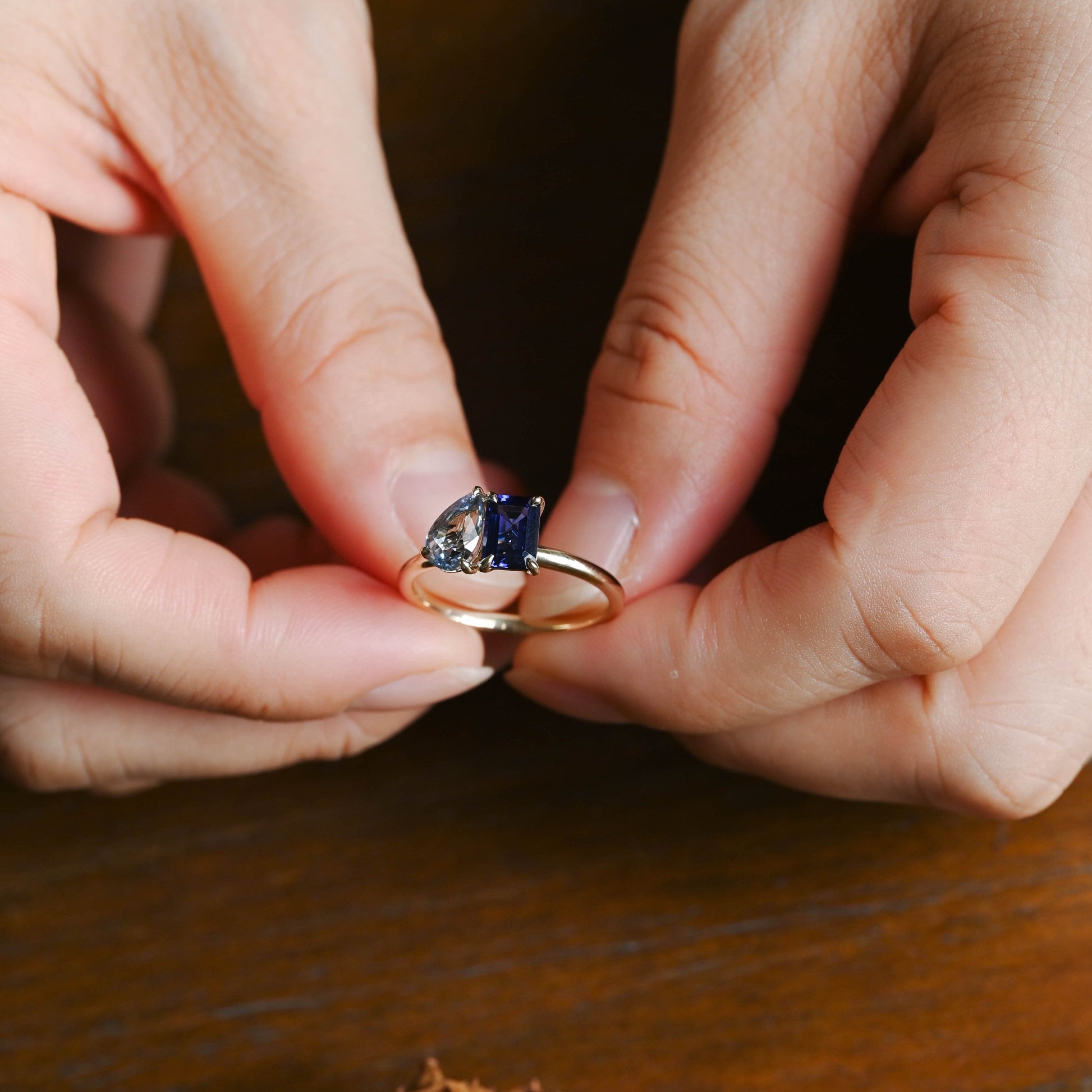 CausYou toi et moi engagement ring Toi et Moi Ring, Solid Gold Emerald Lab Grown Blue Sapphire & Pear Aquamarine Sapphire Engagement Ring