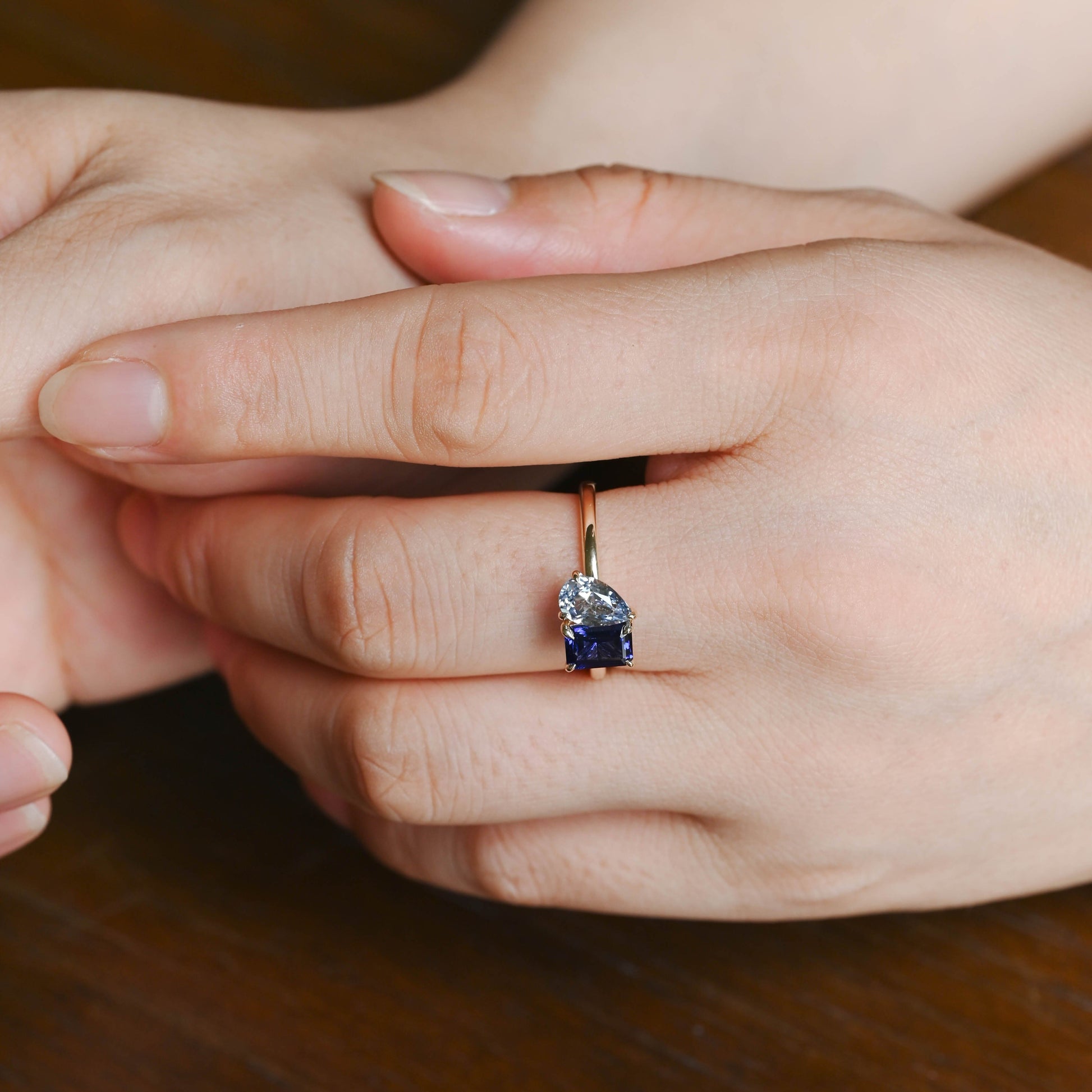 CausYou toi et moi engagement ring Toi et Moi Ring, Solid Gold Emerald Lab Grown Blue Sapphire & Pear Aquamarine Sapphire Engagement Ring
