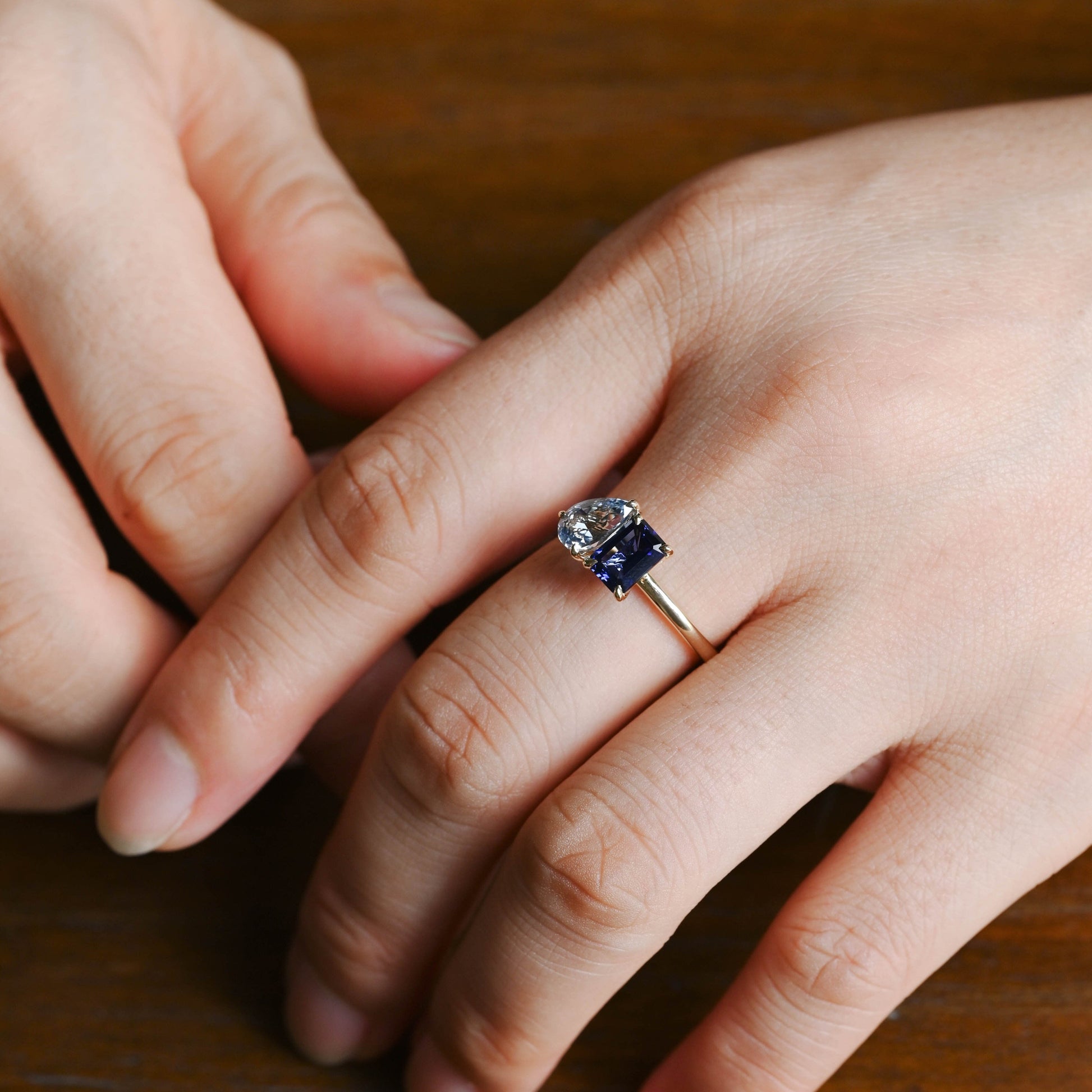 CausYou toi et moi engagement ring Toi et Moi Ring, Solid Gold Emerald Lab Grown Blue Sapphire & Pear Aquamarine Sapphire Engagement Ring