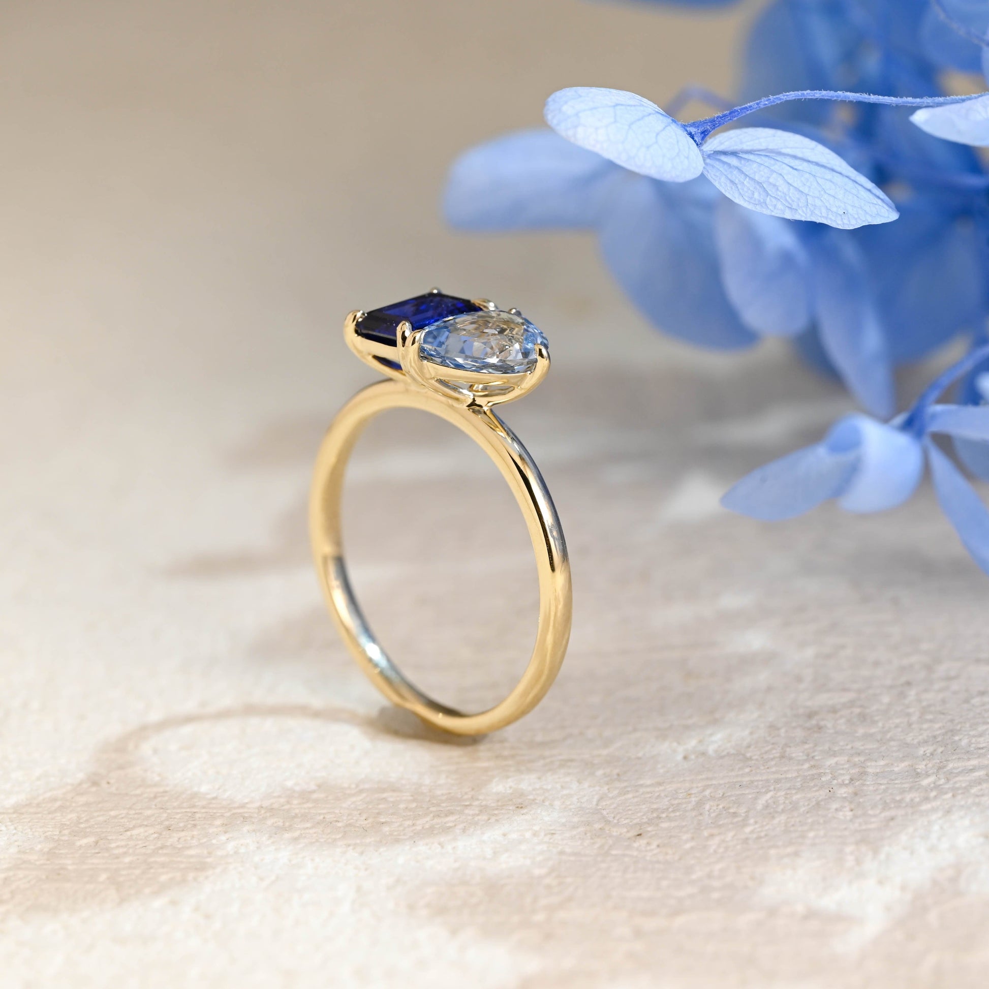CausYou toi et moi engagement ring Toi et Moi Ring, Solid Gold Emerald Lab Grown Blue Sapphire & Pear Aquamarine Sapphire Engagement Ring
